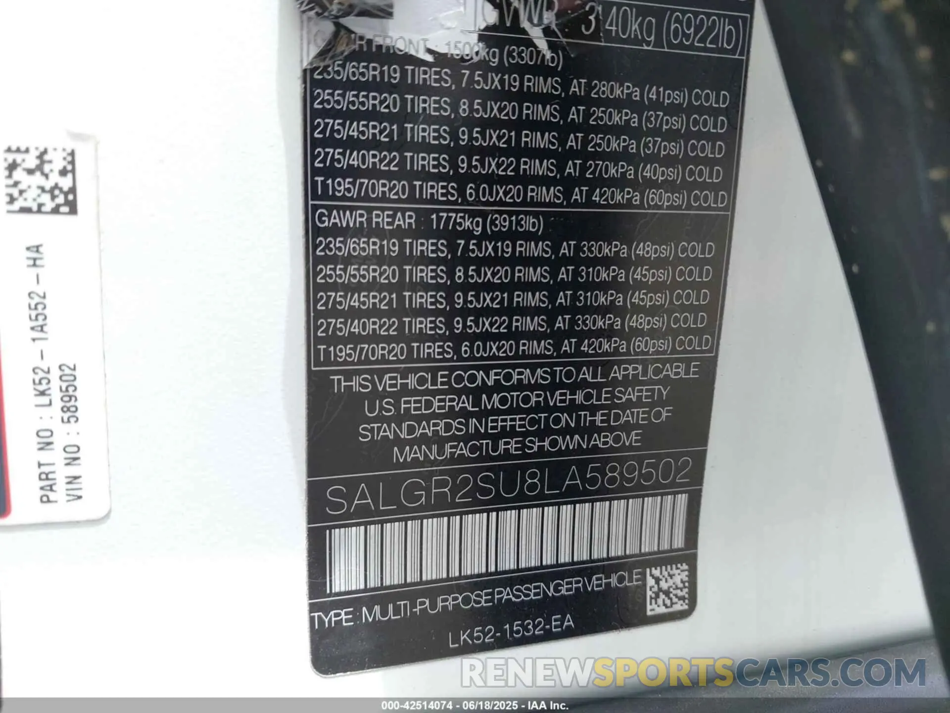 9 fotografías del automóvil dañado SALGR2SU8LA589502 LAND ROVER RANGE ROVER 2020