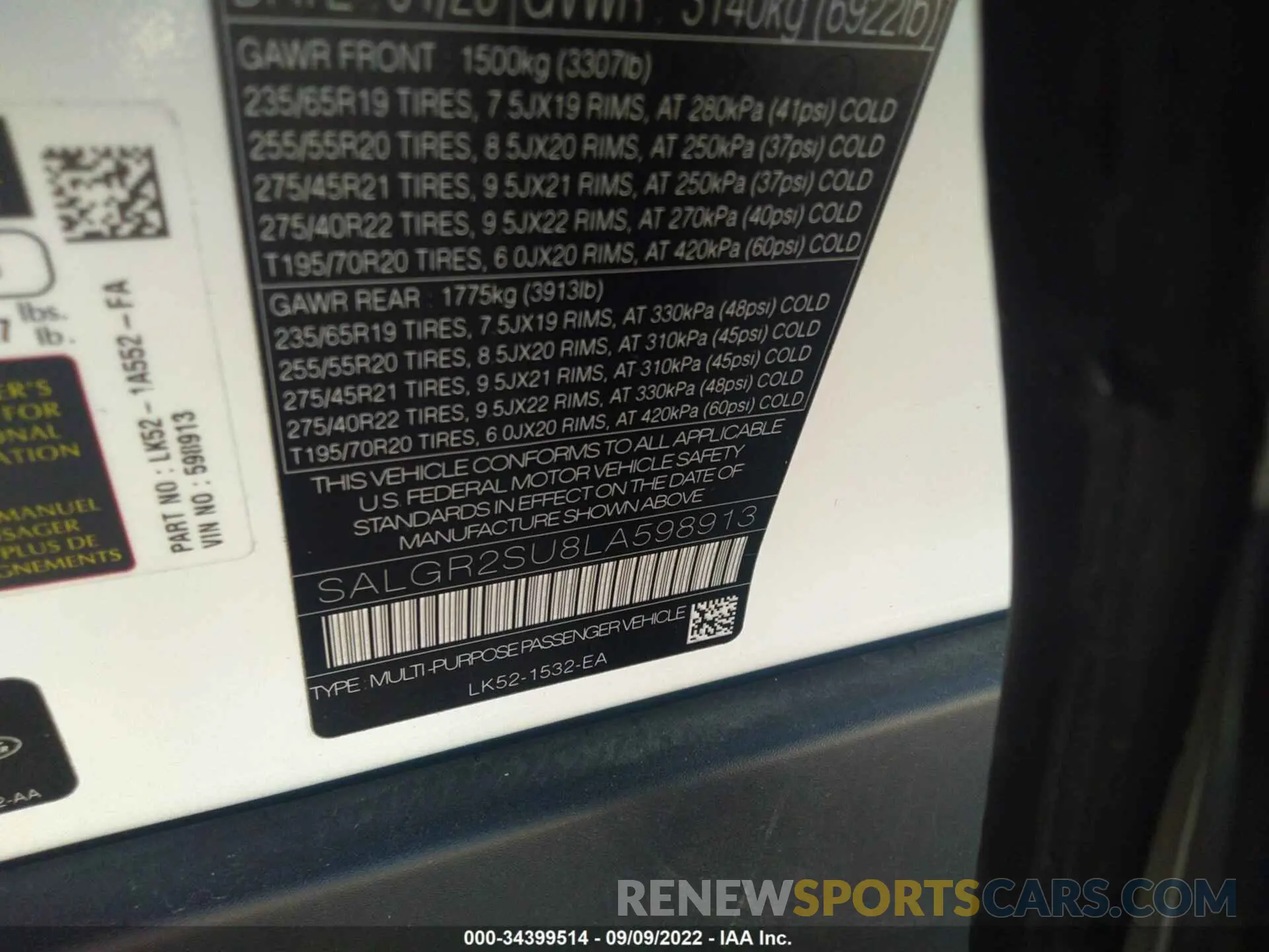 9 fotografías del automóvil dañado SALGR2SU8LA598913 LAND ROVER RANGE ROVER 2020