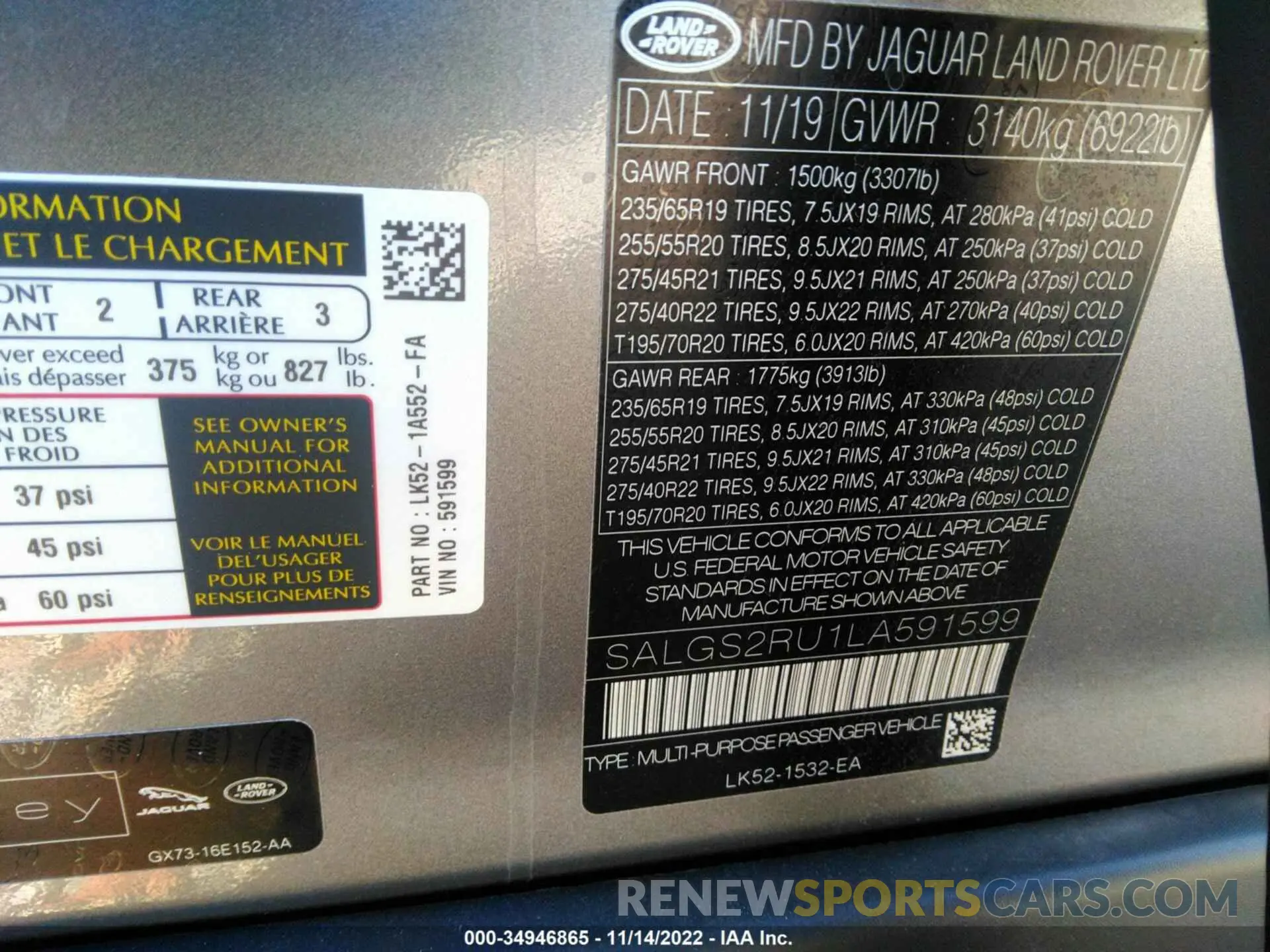 9 fotografías del automóvil dañado SALGS2RU1LA591599 LAND ROVER RANGE ROVER 2020