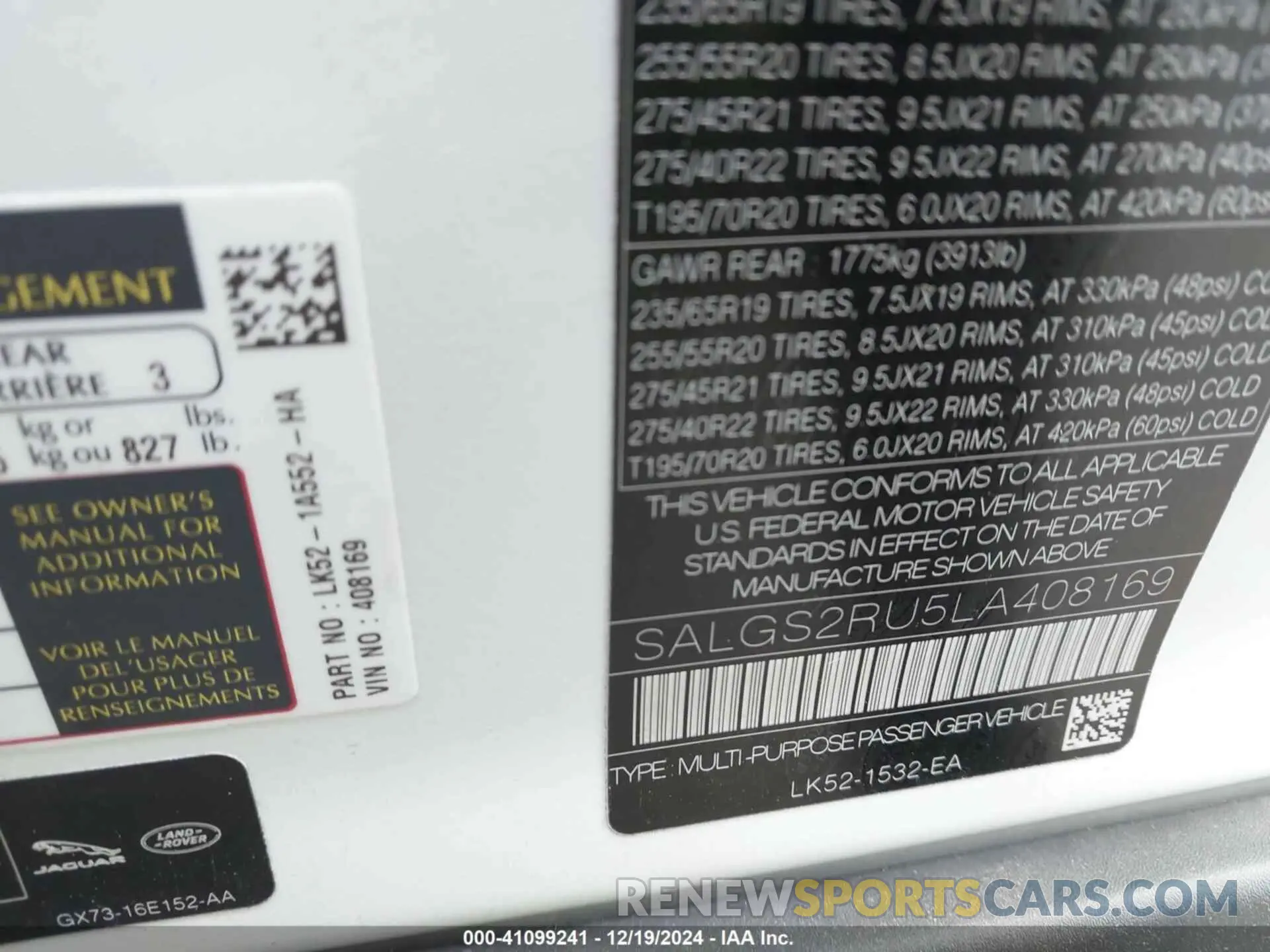 9 fotografías del automóvil dañado SALGS2RU5LA408169 LAND ROVER RANGE ROVER 2020