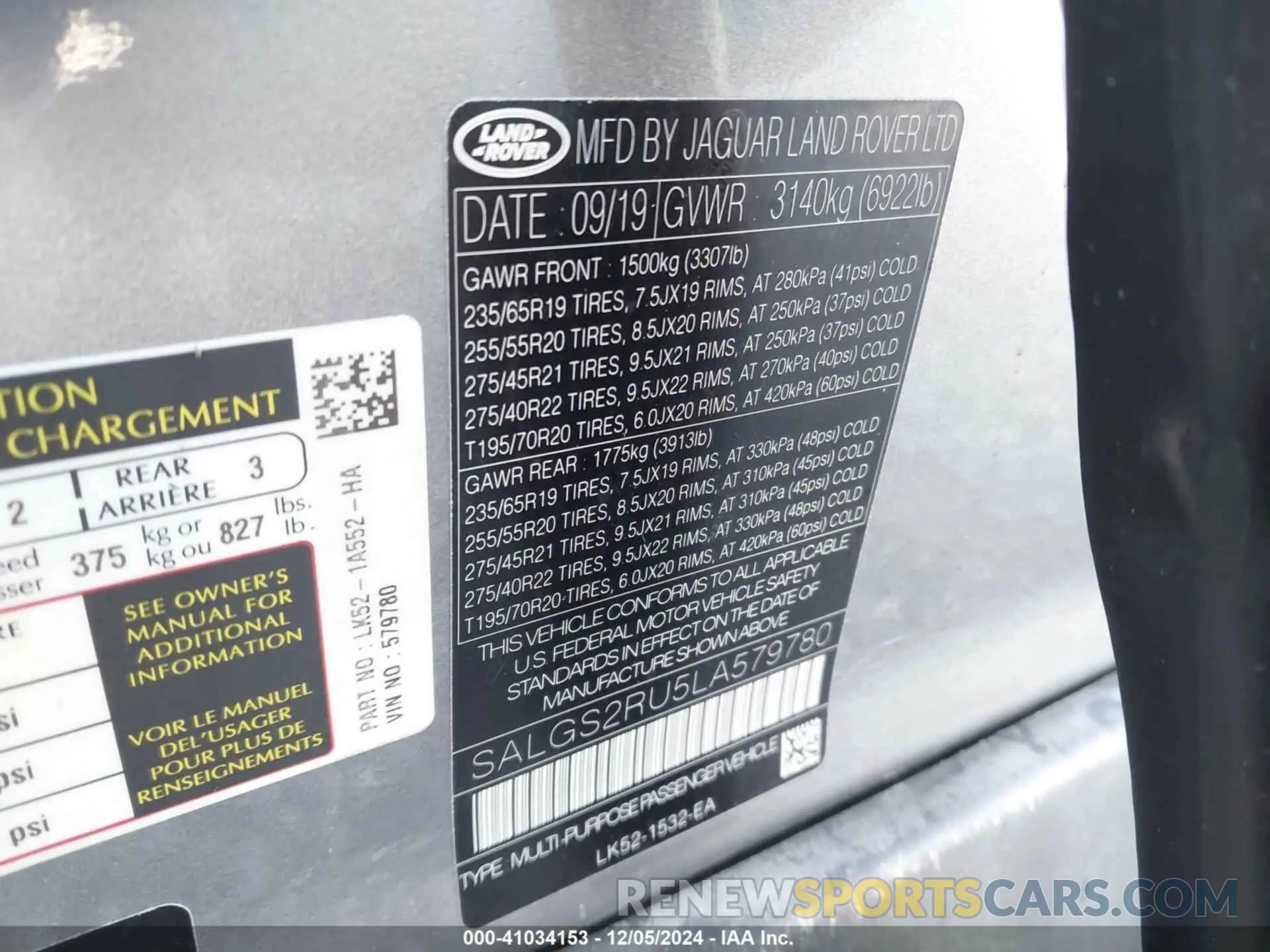 9 fotografías del automóvil dañado SALGS2RU5LA579780 LAND ROVER RANGE ROVER 2020