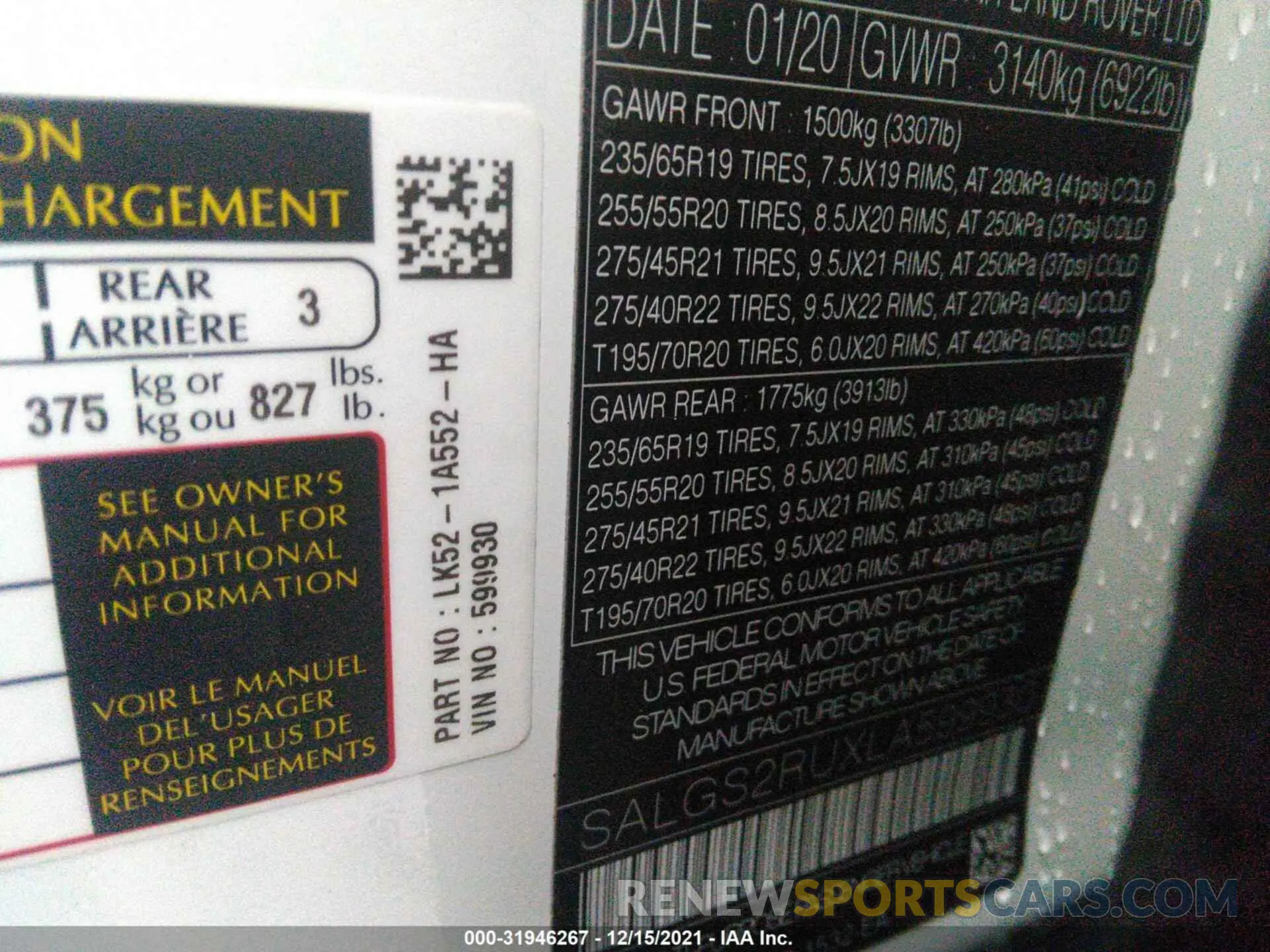 9 fotografías del automóvil dañado SALGS2RUXLA599930 LAND ROVER RANGE ROVER 2020