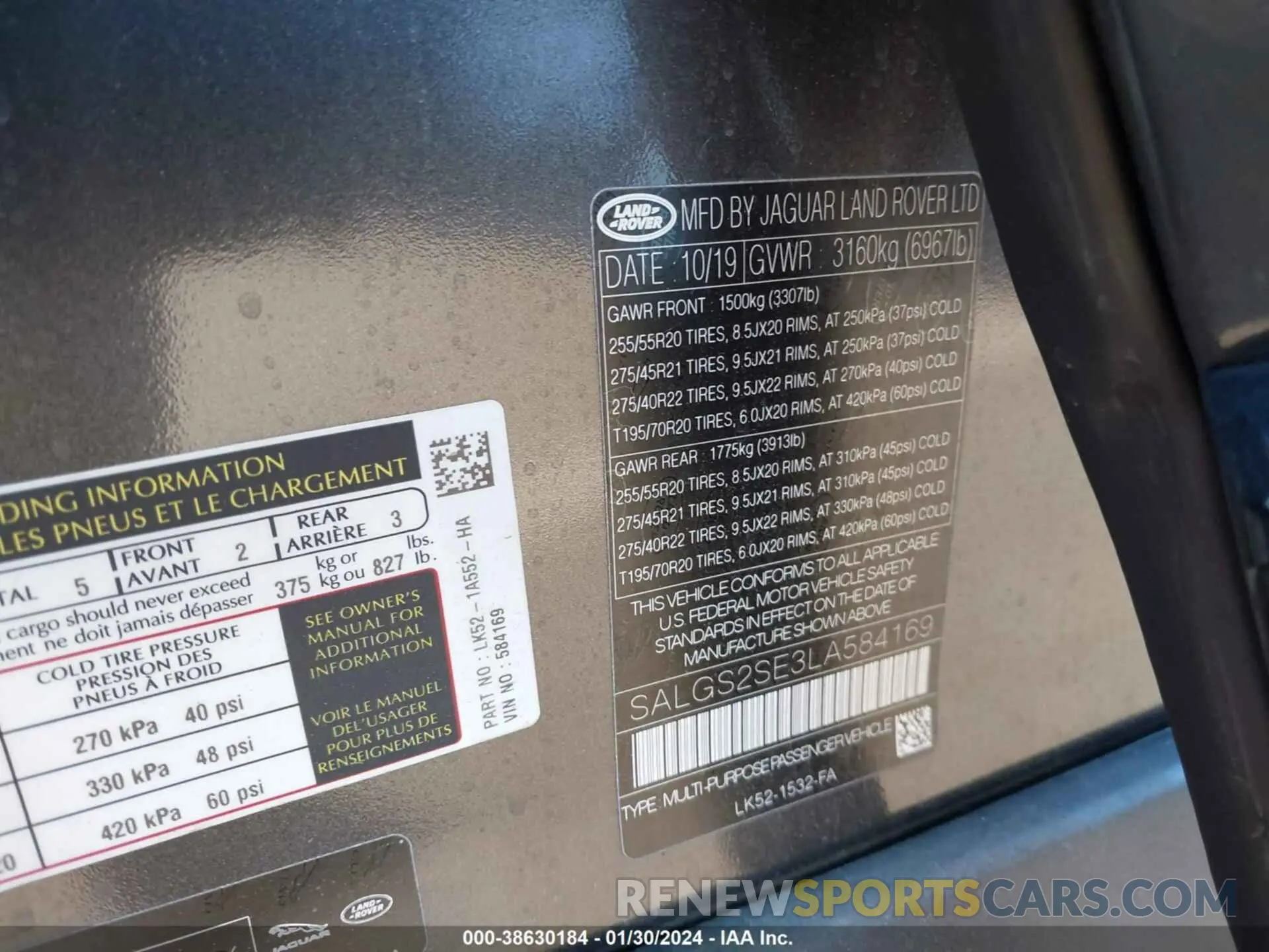 9 fotografías del automóvil dañado SALGS2SE3LA584169 LAND ROVER RANGE ROVER 2020