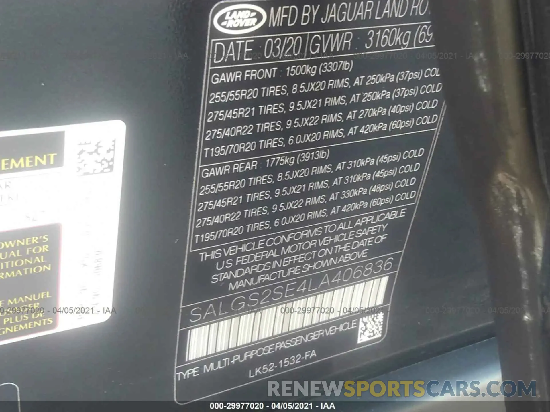 9 fotografías del automóvil dañado SALGS2SE4LA406836 LAND ROVER RANGE ROVER 2020