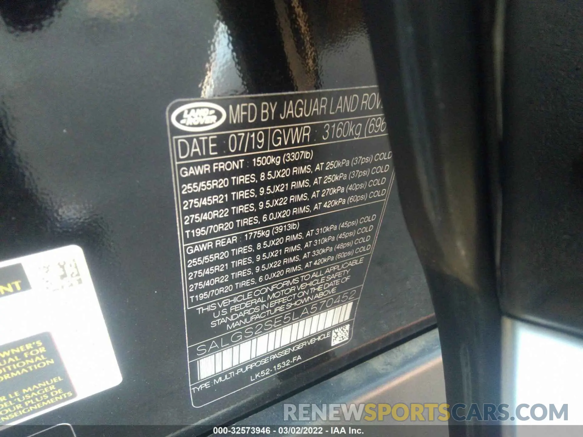 9 fotografías del automóvil dañado SALGS2SE5LA570452 LAND ROVER RANGE ROVER 2020