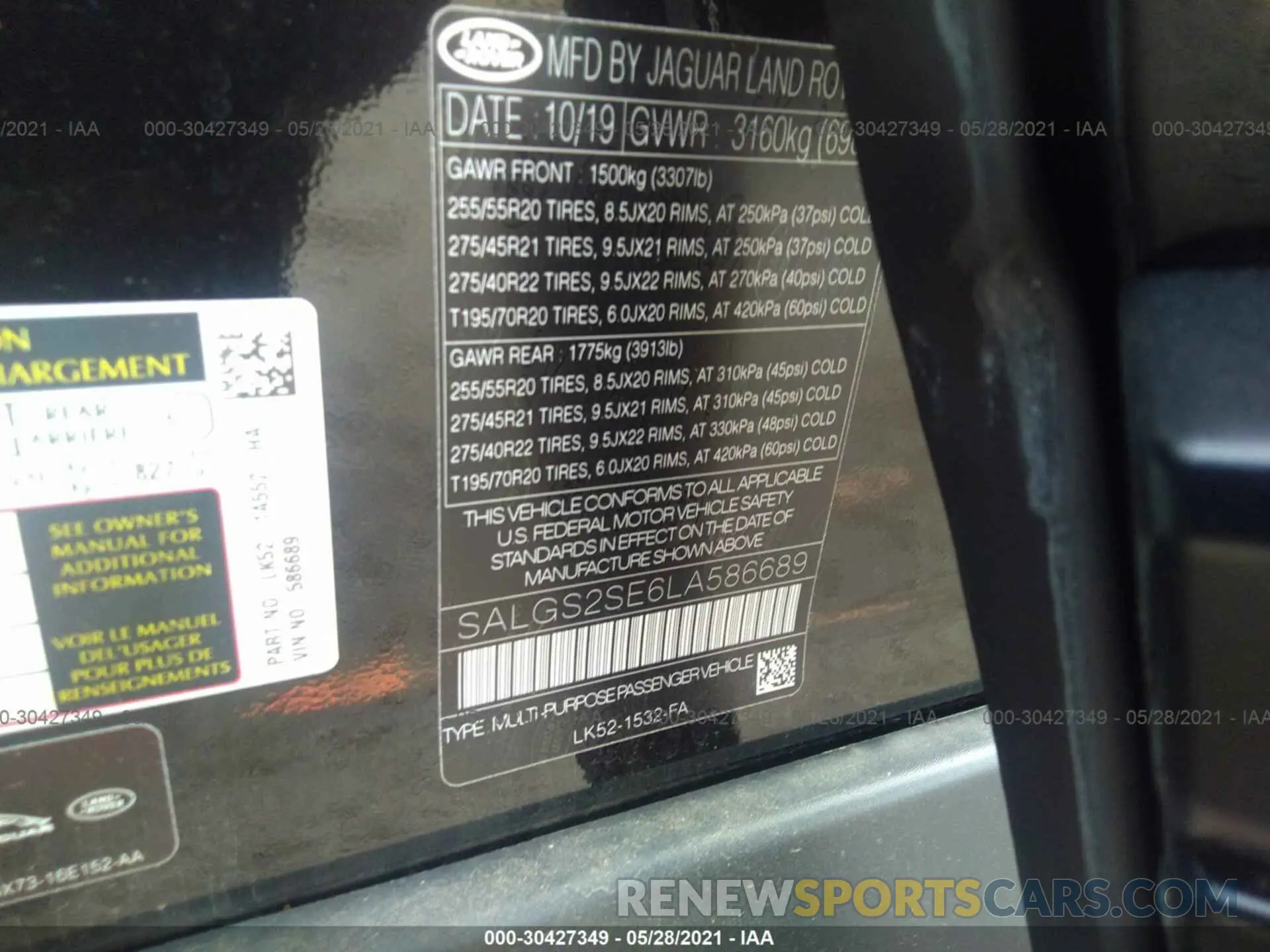 9 fotografías del automóvil dañado SALGS2SE6LA586689 LAND ROVER RANGE ROVER 2020