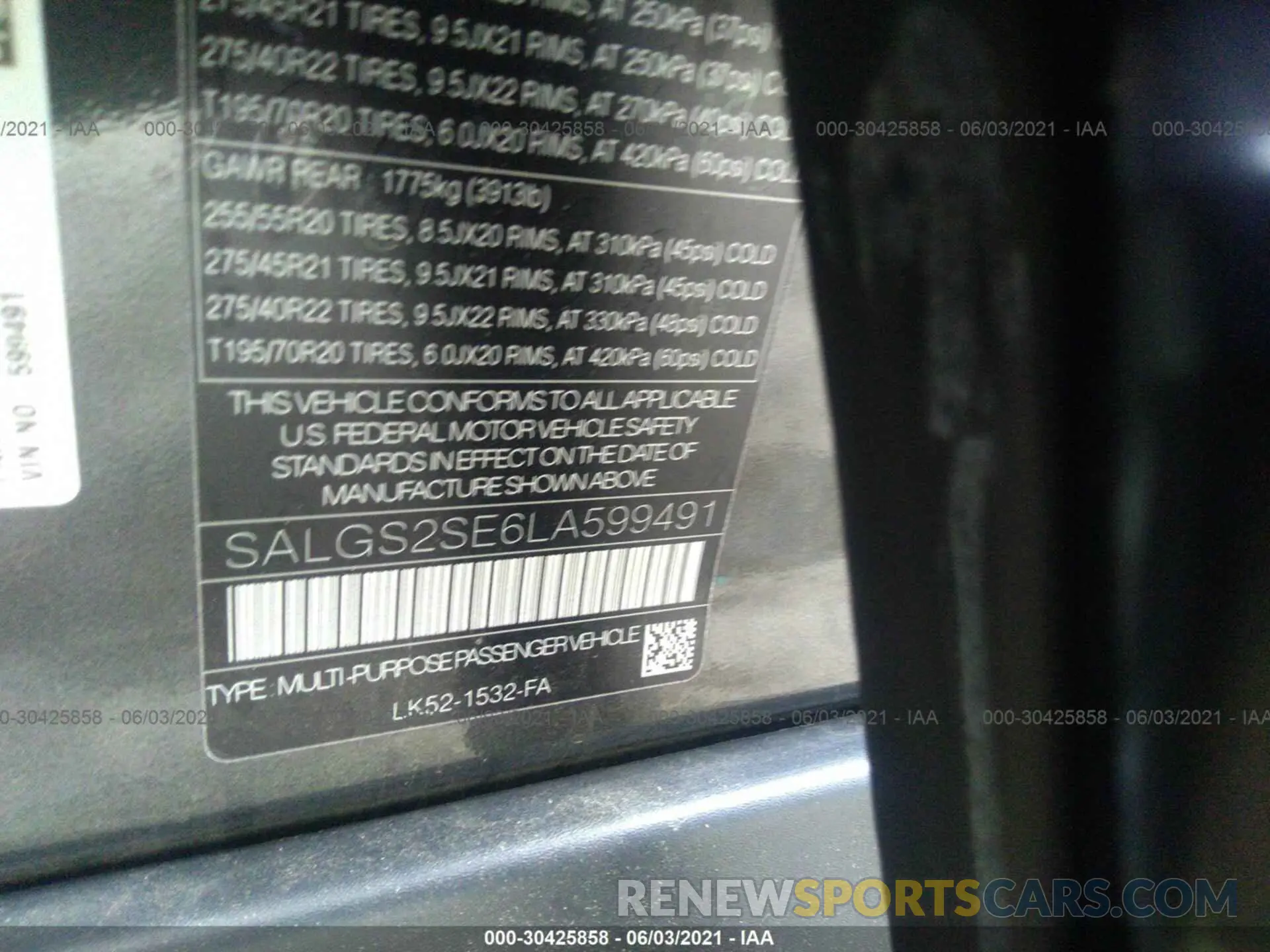 9 fotografías del automóvil dañado SALGS2SE6LA599491 LAND ROVER RANGE ROVER 2020