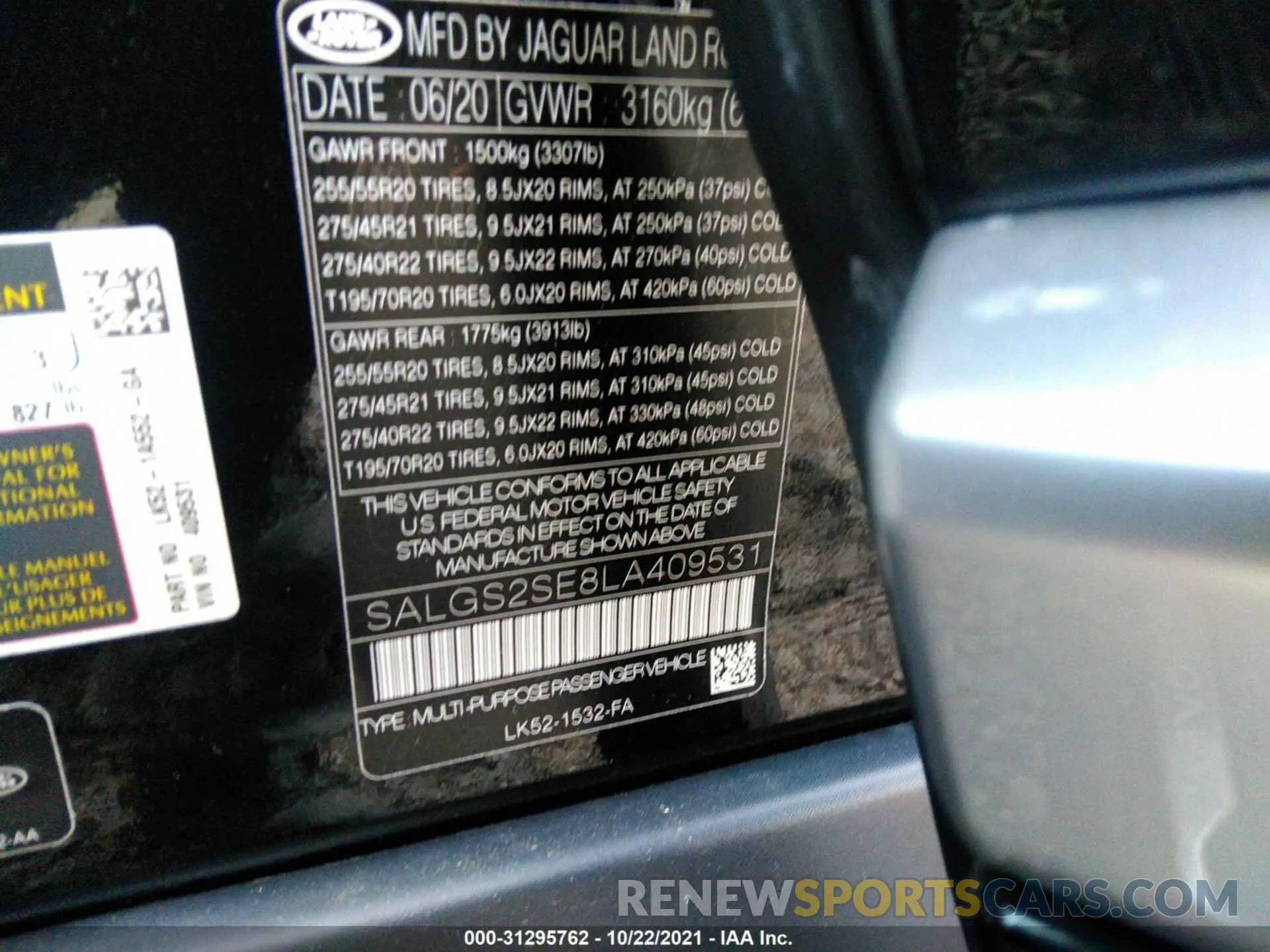9 fotografías del automóvil dañado SALGS2SE8LA409531 LAND ROVER RANGE ROVER 2020