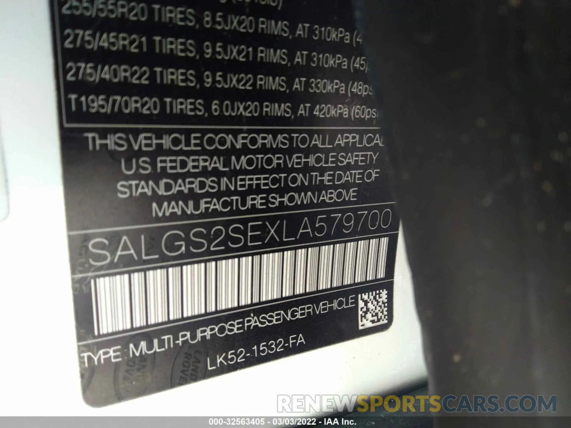 9 fotografías del automóvil dañado SALGS2SEXLA579700 LAND ROVER RANGE ROVER 2020