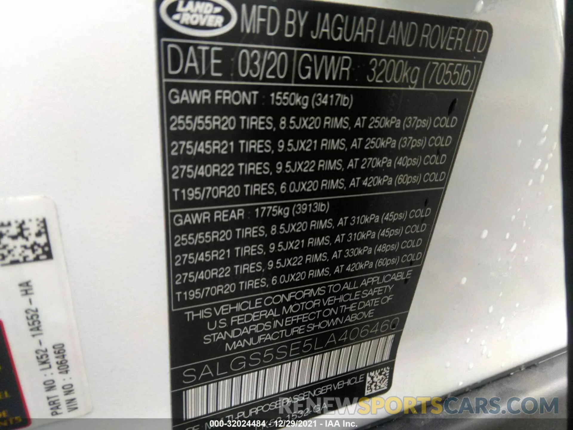 9 fotografías del automóvil dañado SALGS5SE5LA406460 LAND ROVER RANGE ROVER 2020