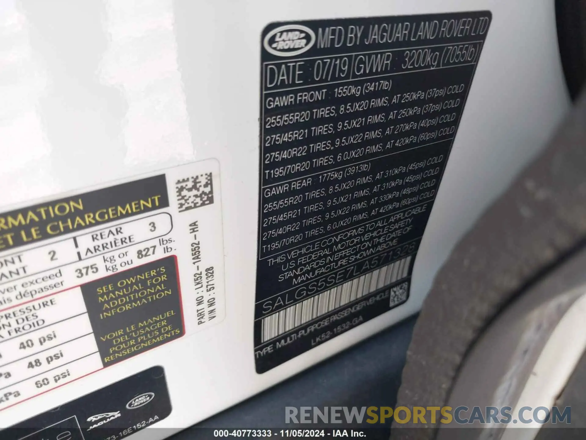 9 fotografías del automóvil dañado SALGS5SE7LA571328 LAND ROVER RANGE ROVER 2020