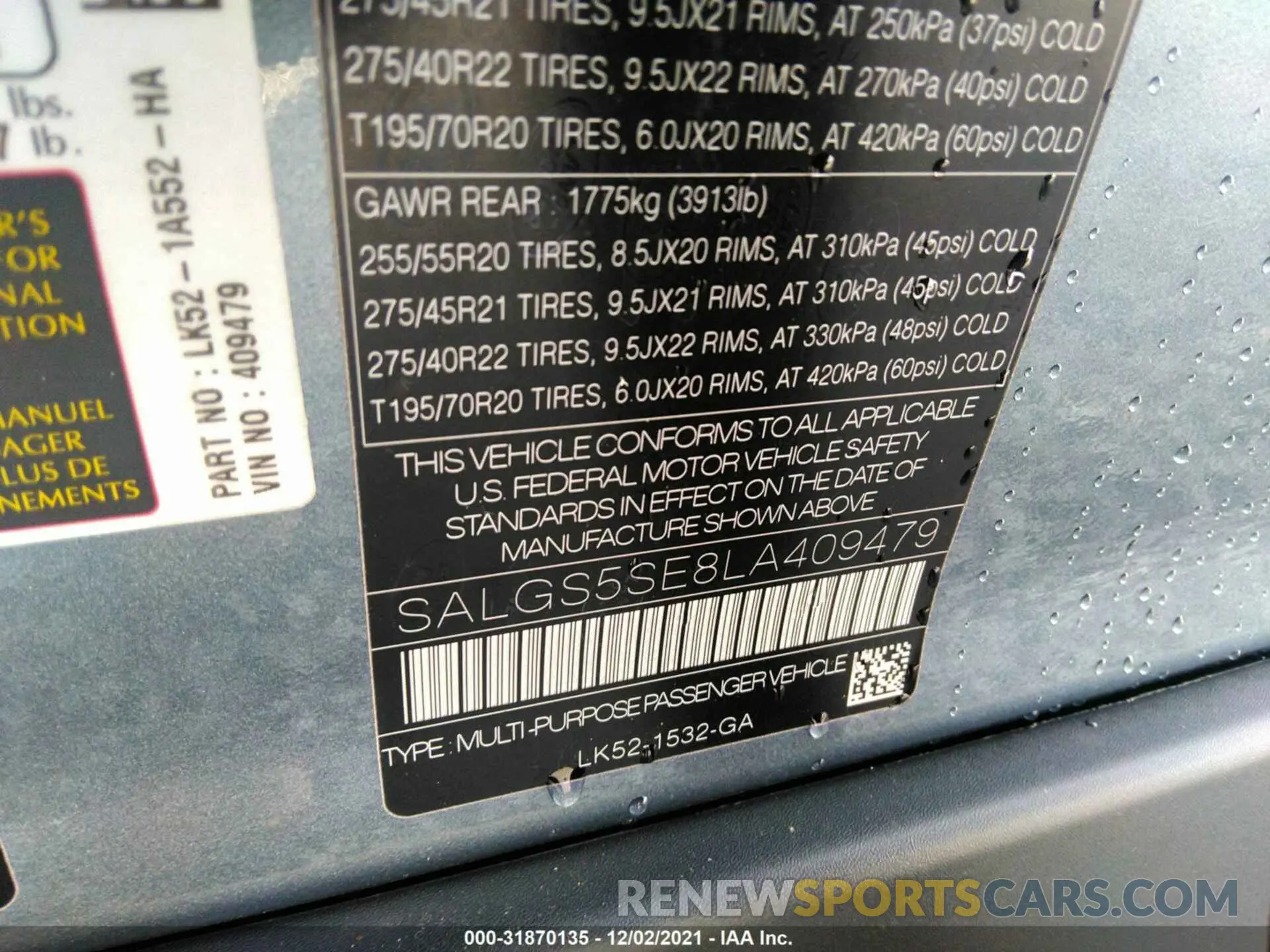 9 fotografías del automóvil dañado SALGS5SE8LA409479 LAND ROVER RANGE ROVER 2020