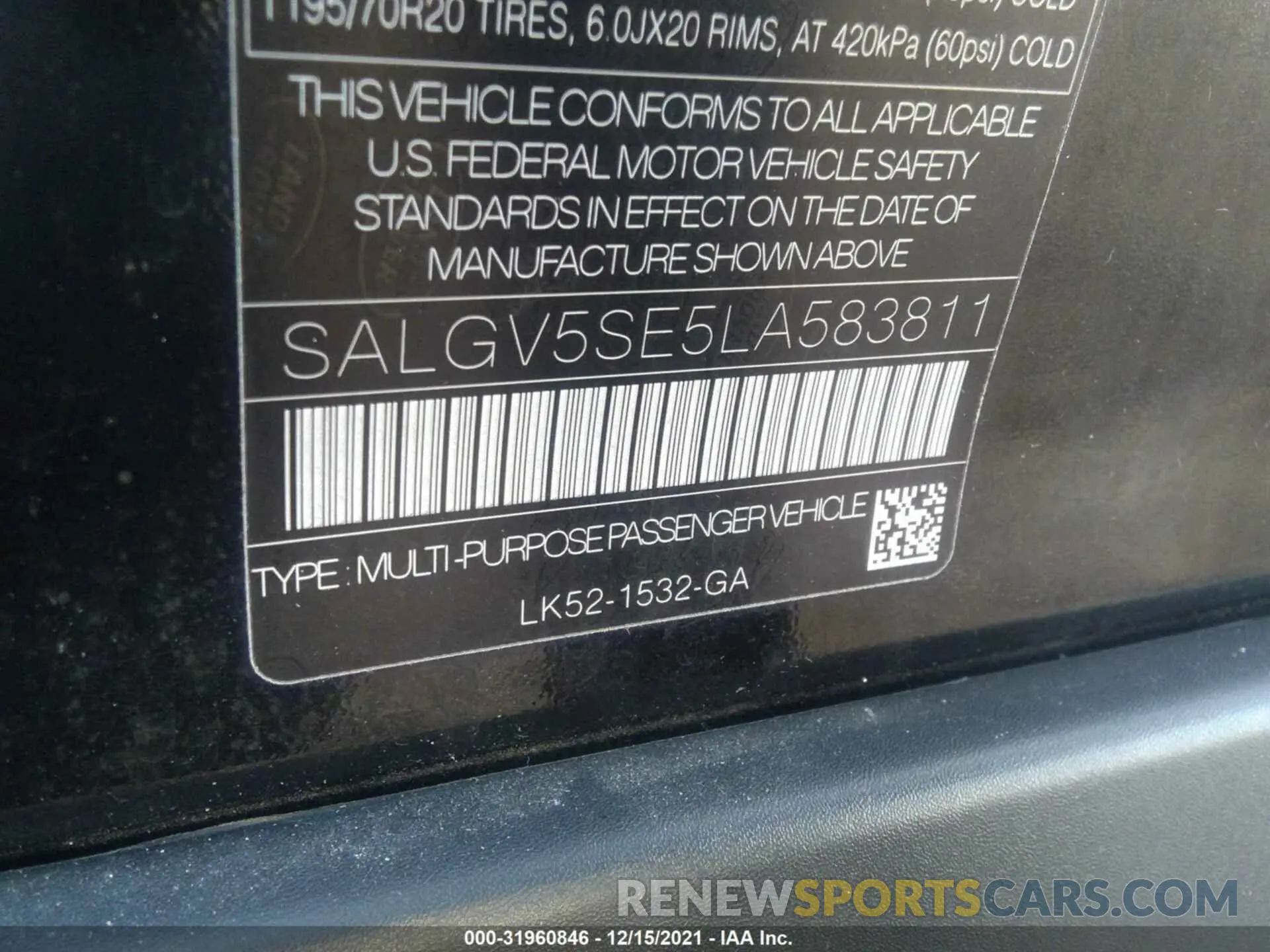 9 fotografías del automóvil dañado SALGV5SE5LA583811 LAND ROVER RANGE ROVER 2020