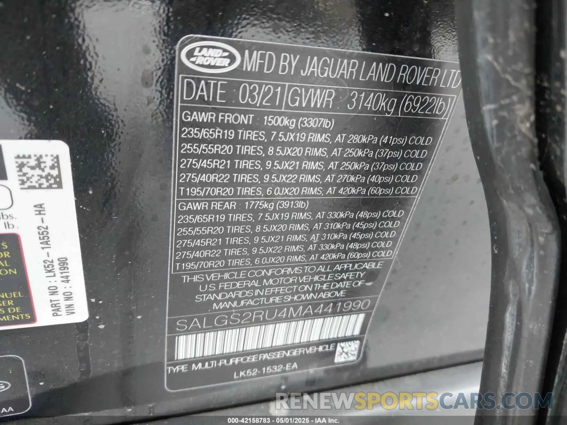 9 fotografías del automóvil dañado SALGS2RU4MA441990 LAND ROVER RANGE ROVER 2021