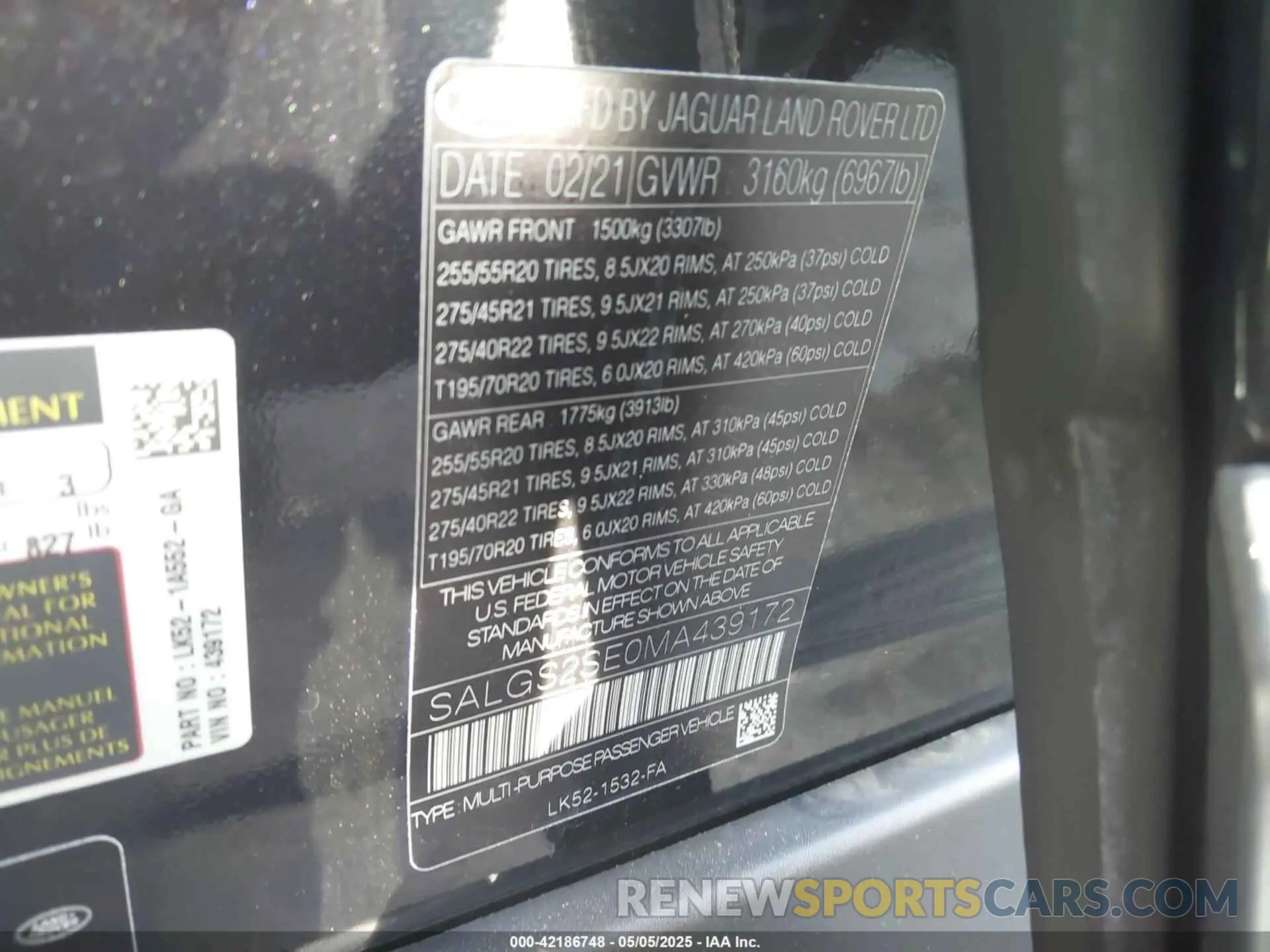 9 fotografías del automóvil dañado SALGS2SE0MA439172 LAND ROVER RANGE ROVER 2021