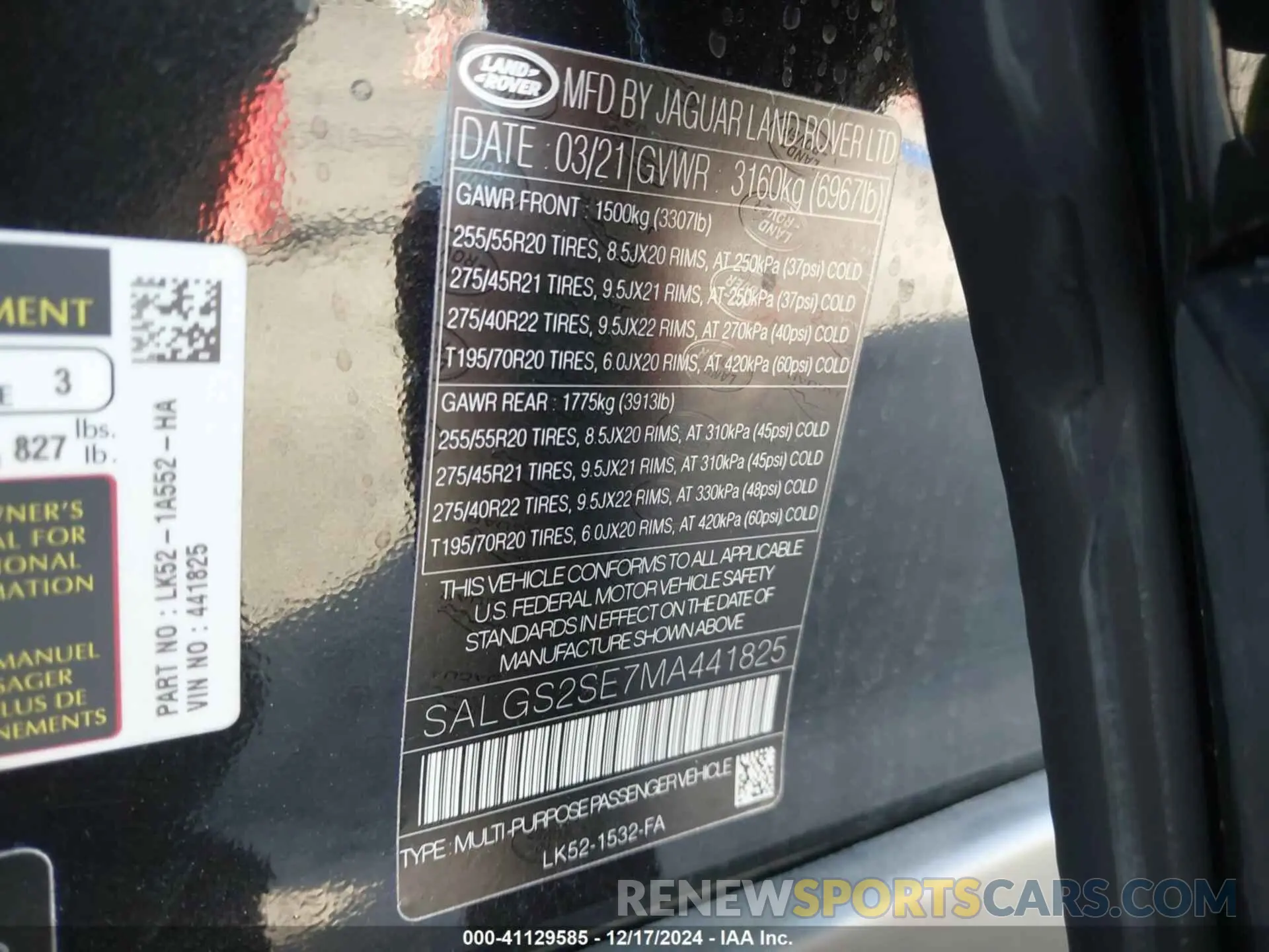 9 fotografías del automóvil dañado SALGS2SE7MA441825 LAND ROVER RANGE ROVER 2021