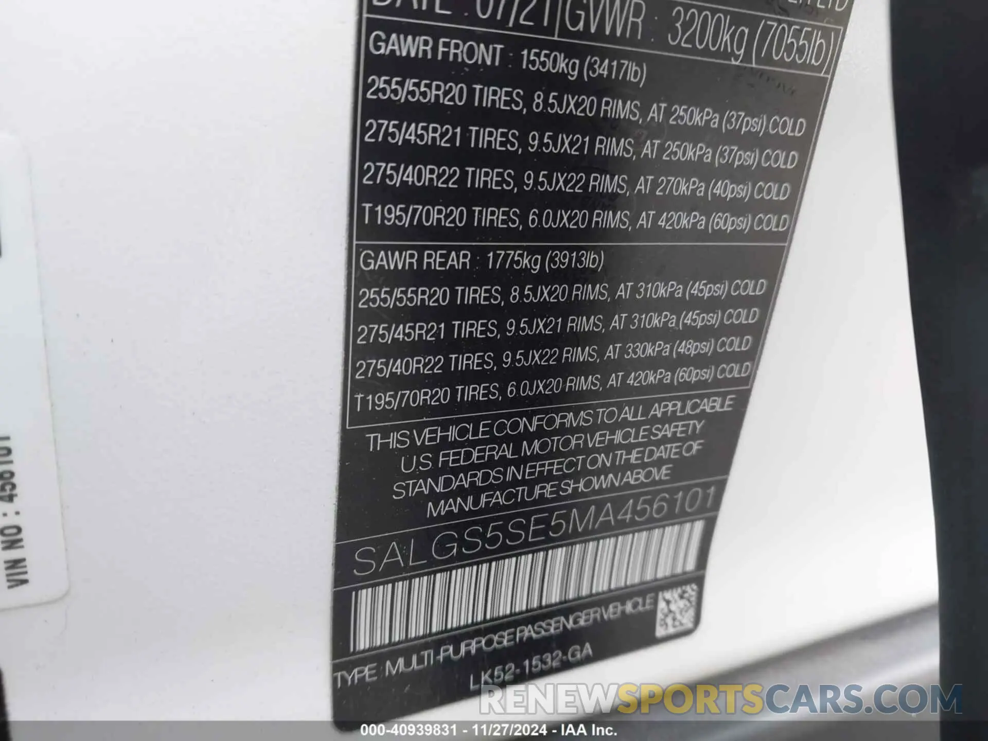 9 fotografías del automóvil dañado SALGS5SE5MA456101 LAND ROVER RANGE ROVER 2021