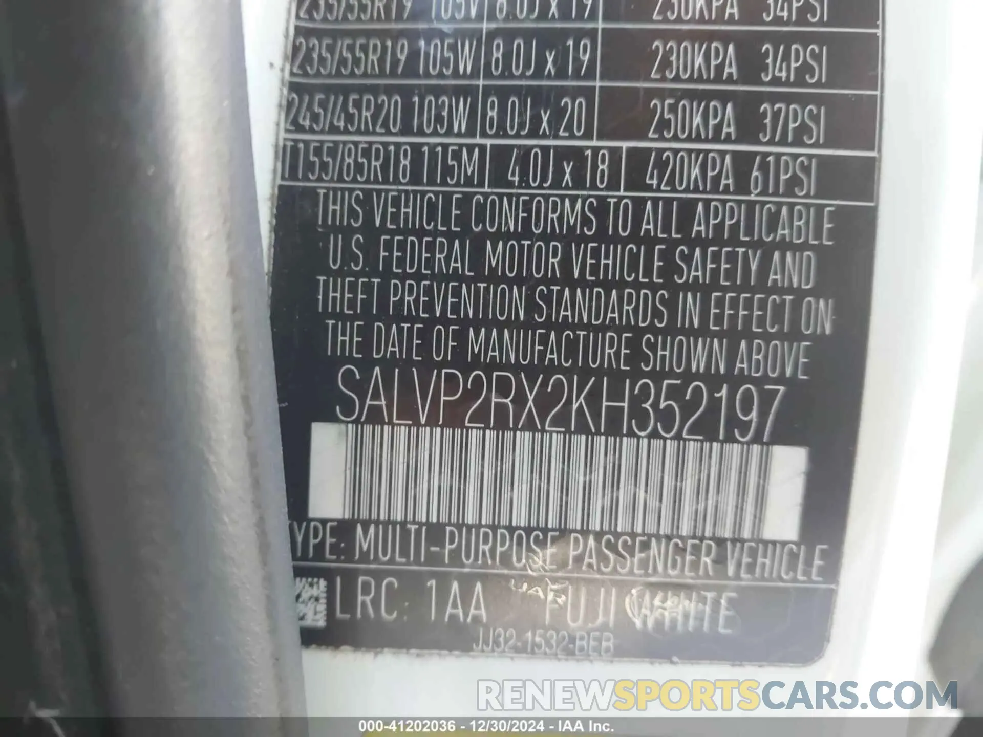 9 fotografías del automóvil dañado SALVP2RX2KH352197 LAND ROVER RANGE ROVER EVOQUE 2019