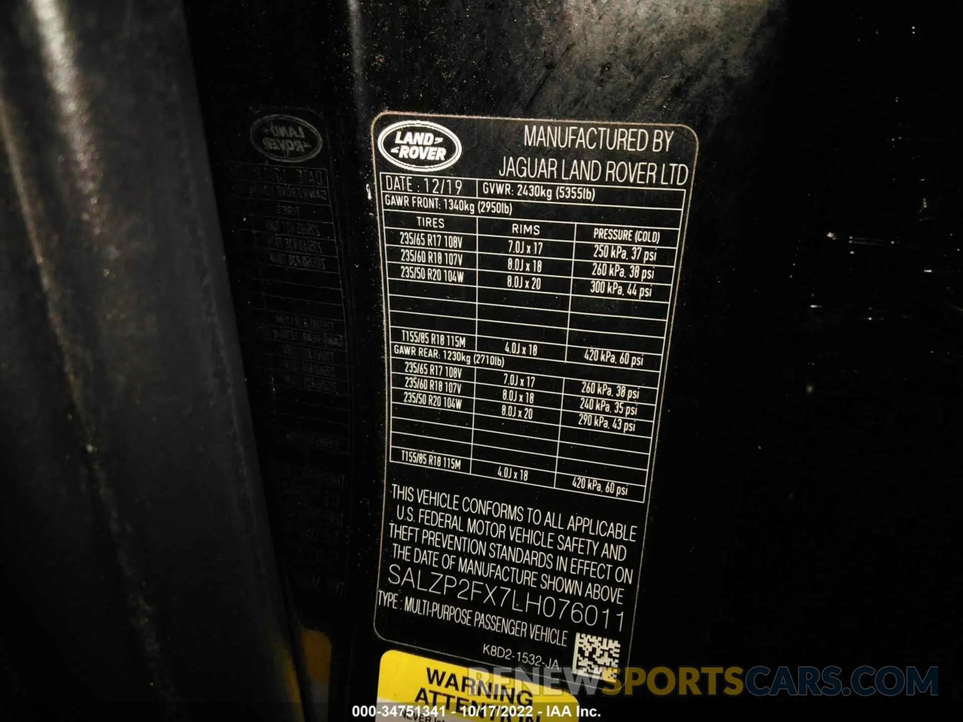 9 fotografías del automóvil dañado 000ZP2FX7LH076011 LAND ROVER RANGE ROVER EVOQUE 2020