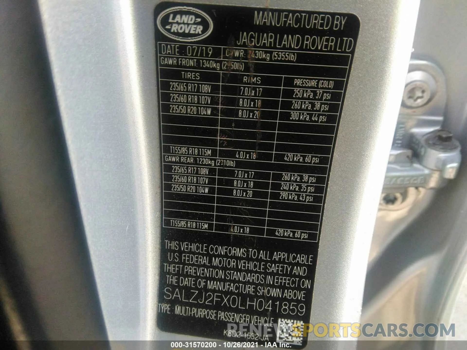 9 fotografías del automóvil dañado SALZJ2FX0LH041859 LAND ROVER RANGE ROVER EVOQUE 2020