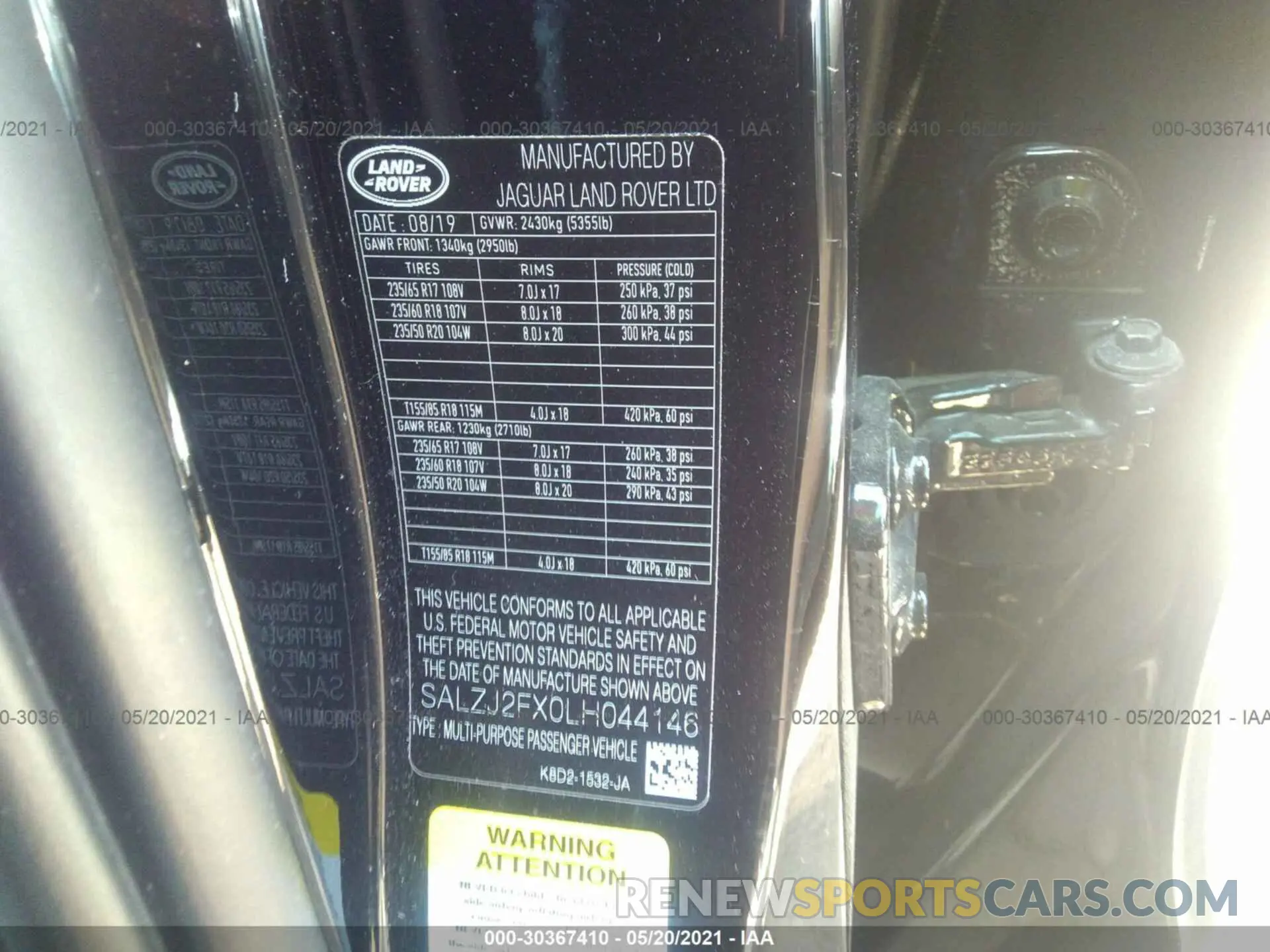9 fotografías del automóvil dañado SALZJ2FX0LH044146 LAND ROVER RANGE ROVER EVOQUE 2020