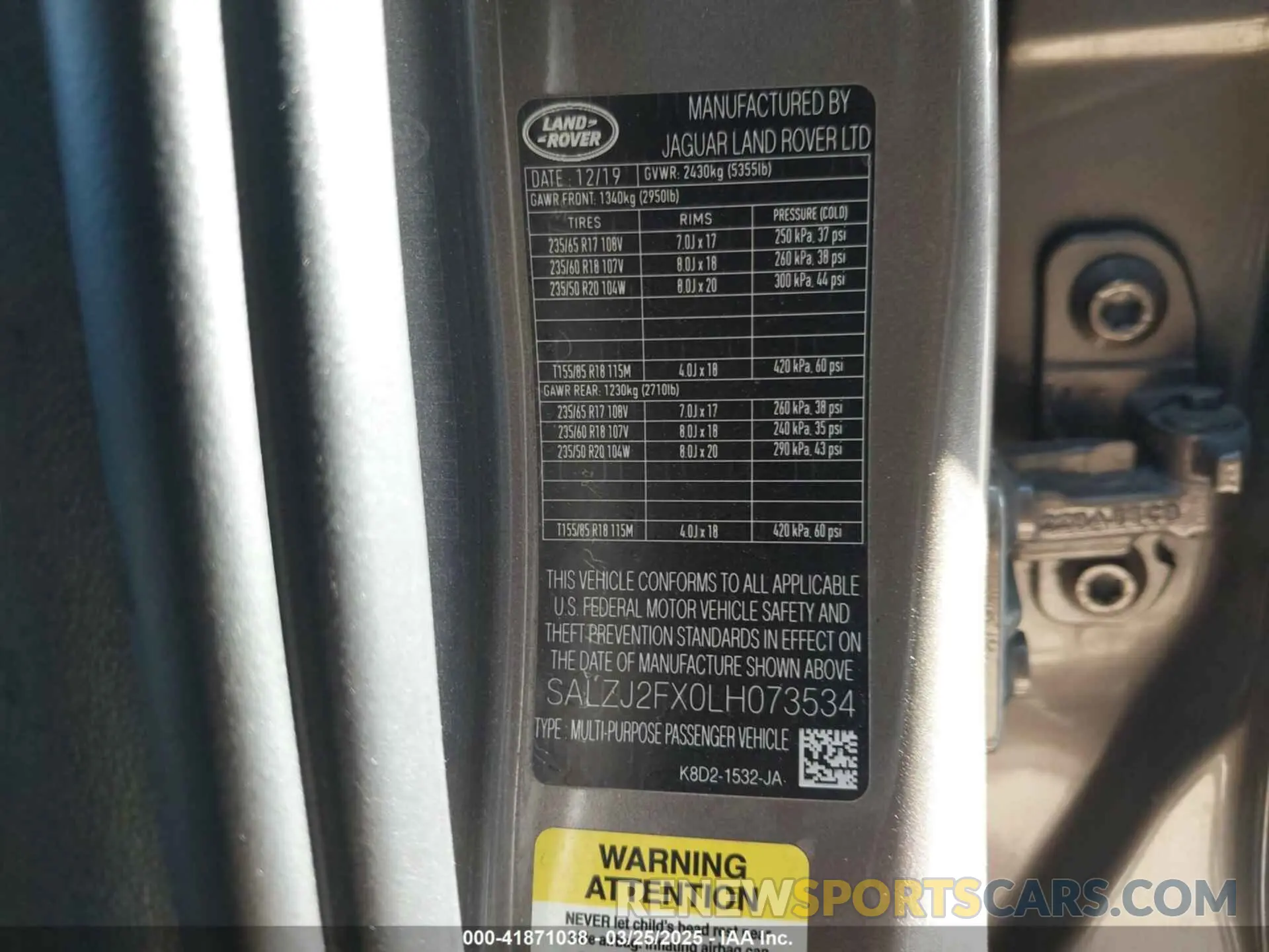 9 fotografías del automóvil dañado SALZJ2FX0LH073534 LAND ROVER RANGE ROVER EVOQUE 2020