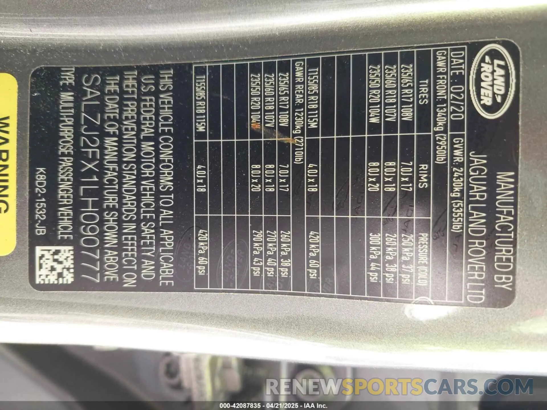 9 fotografías del automóvil dañado SALZJ2FX1LH090777 LAND ROVER RANGE ROVER EVOQUE 2020