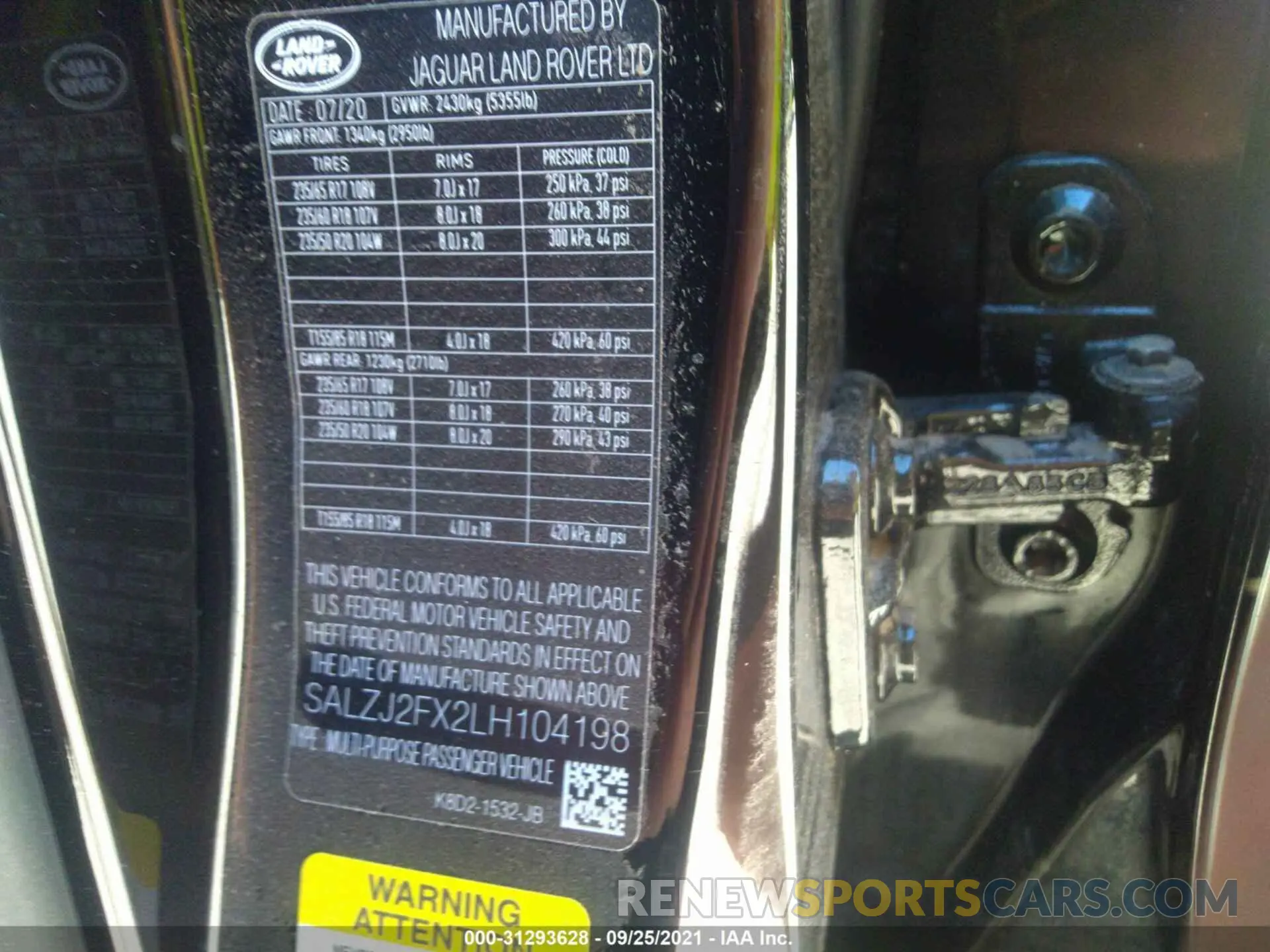9 fotografías del automóvil dañado SALZJ2FX2LH104198 LAND ROVER RANGE ROVER EVOQUE 2020