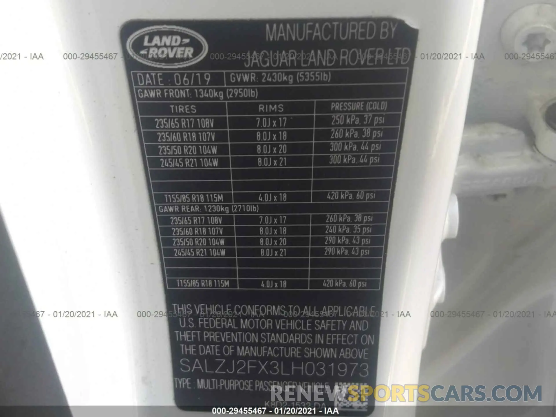 9 fotografías del automóvil dañado SALZJ2FX3LH031973 LAND ROVER RANGE ROVER EVOQUE 2020