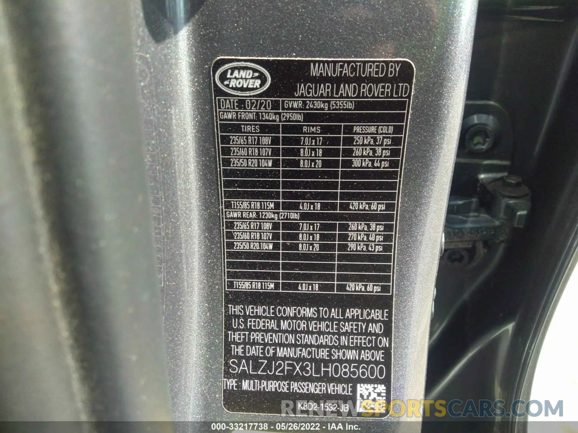 9 fotografías del automóvil dañado SALZJ2FX3LH085600 LAND ROVER RANGE ROVER EVOQUE 2020