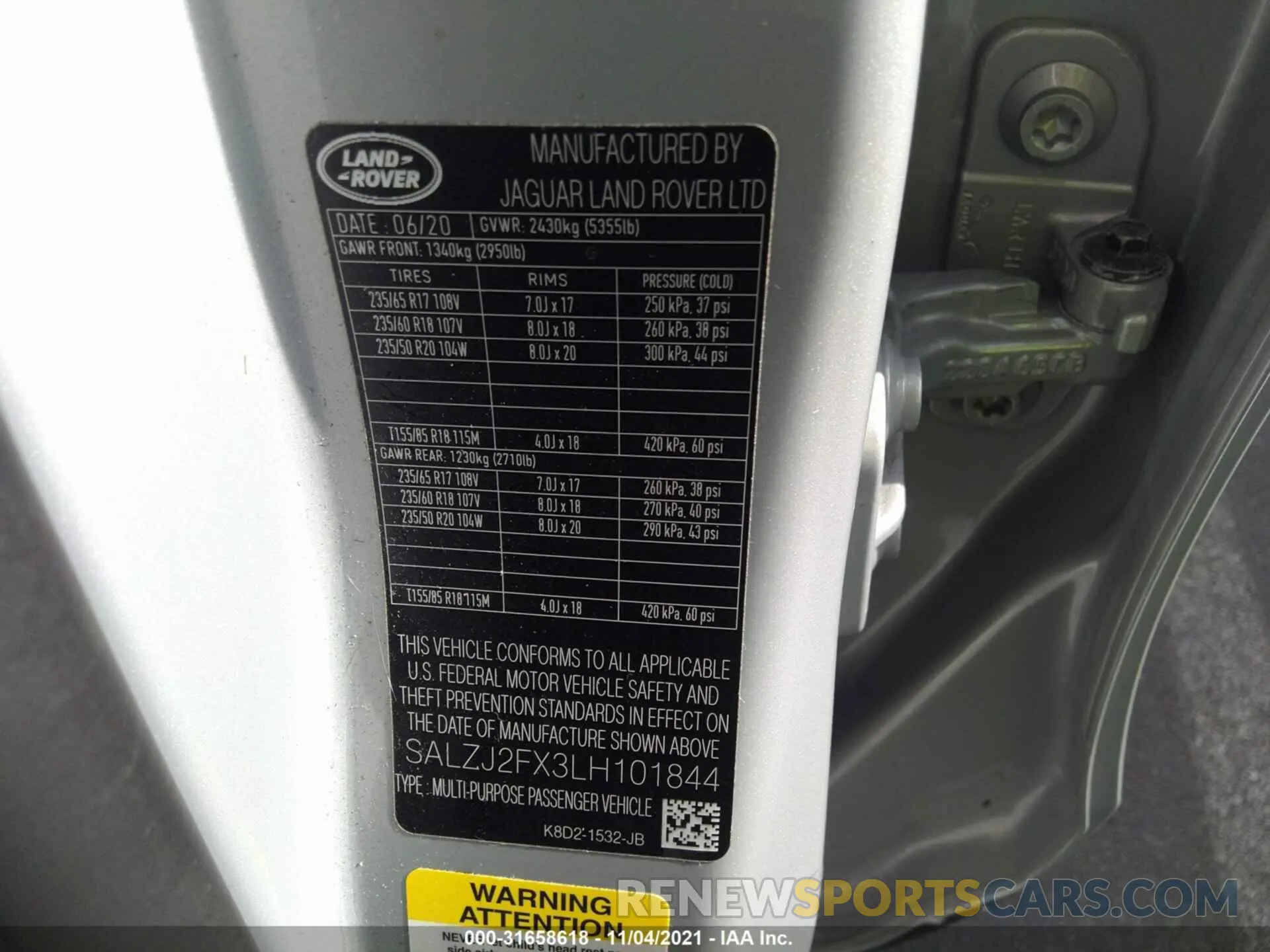 9 fotografías del automóvil dañado SALZJ2FX3LH101844 LAND ROVER RANGE ROVER EVOQUE 2020