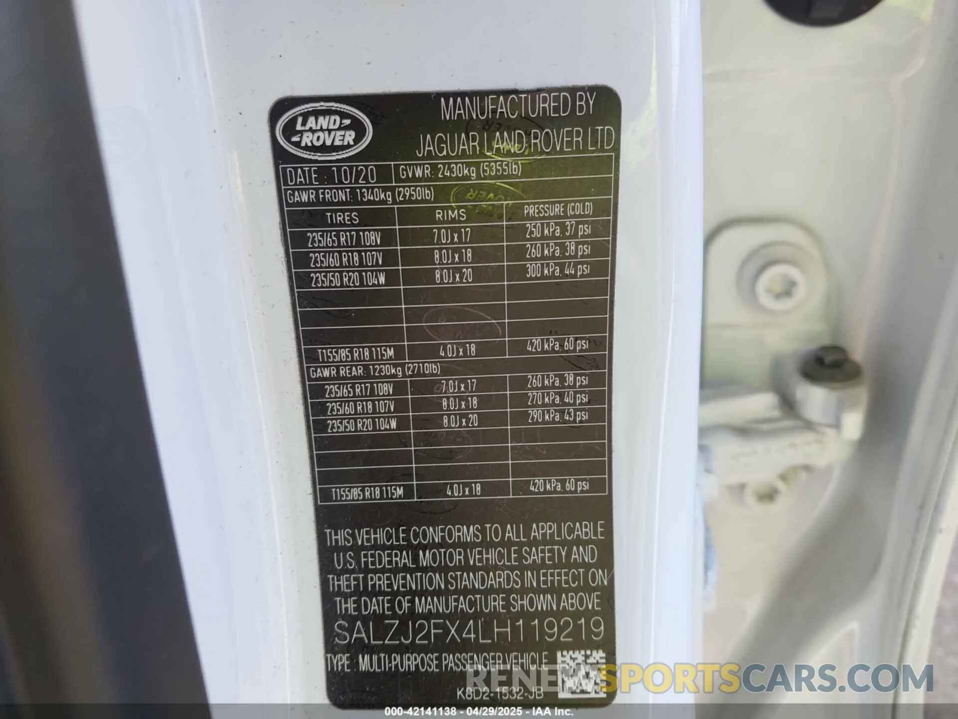 9 fotografías del automóvil dañado SALZJ2FX4LH119219 LAND ROVER RANGE ROVER EVOQUE 2020