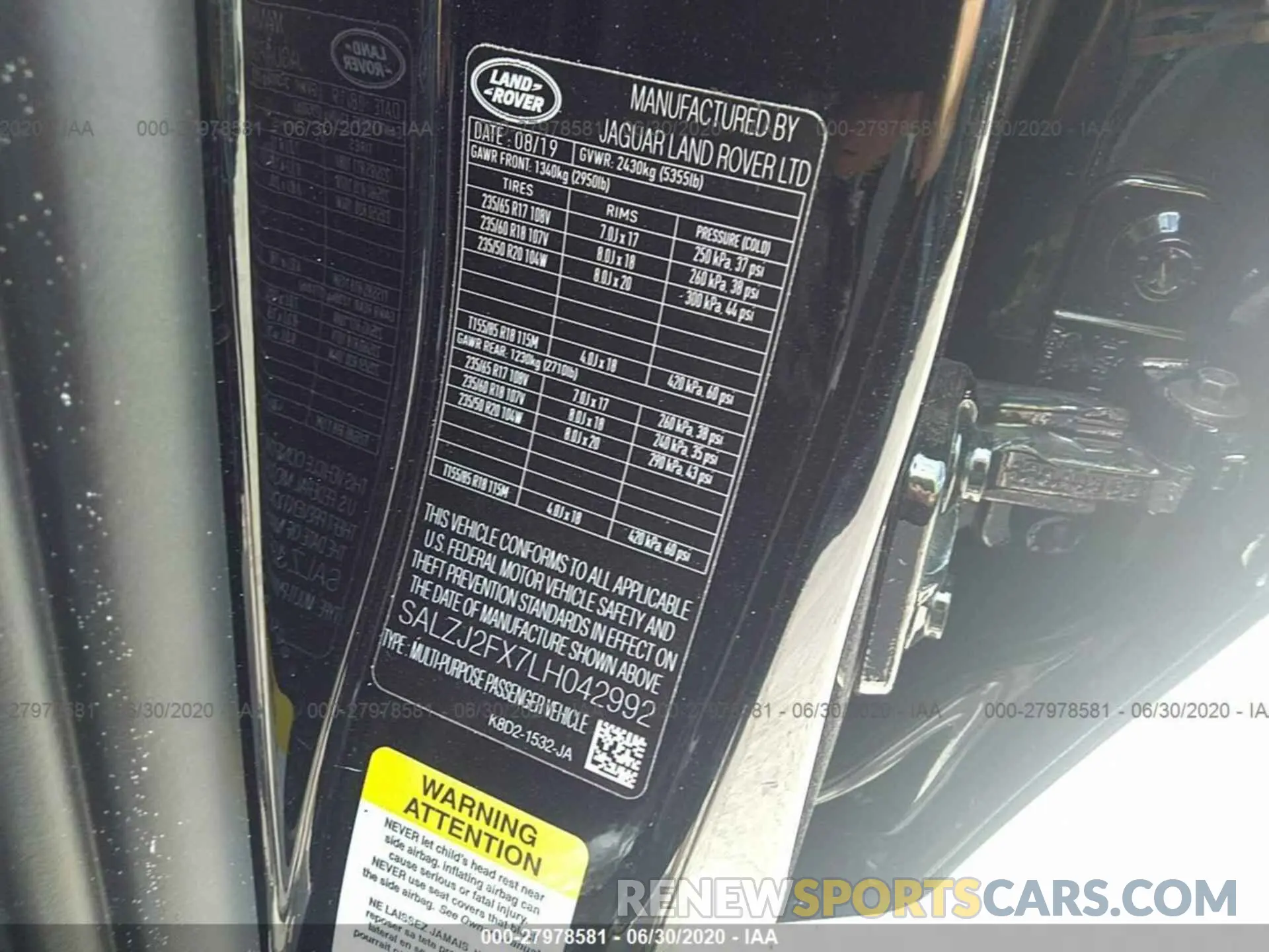 9 fotografías del automóvil dañado SALZJ2FX7LH042992 LAND ROVER RANGE ROVER EVOQUE 2020