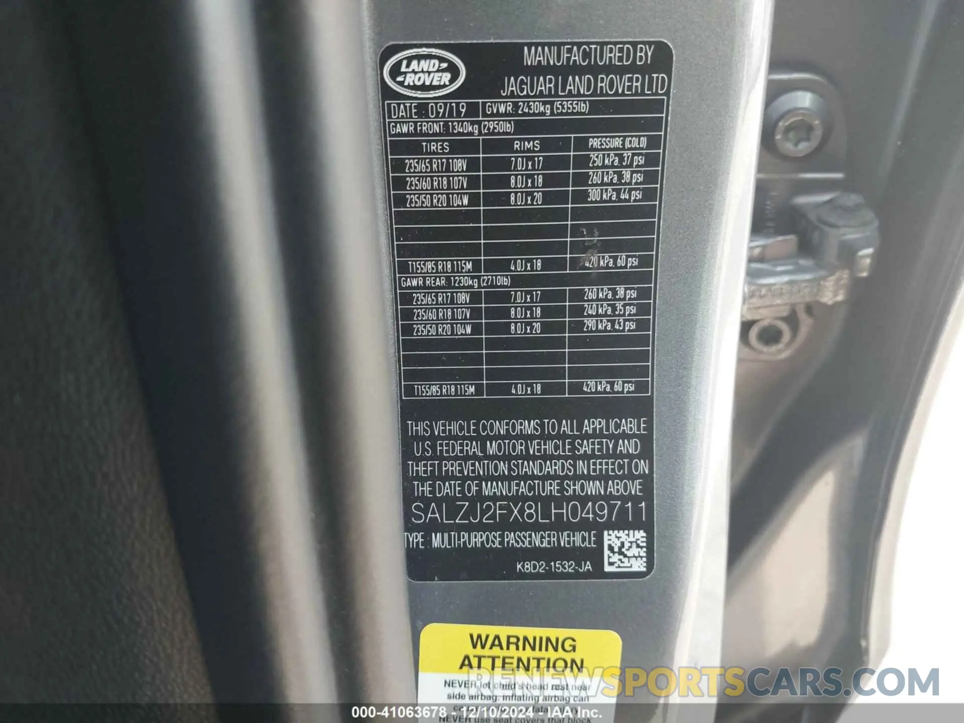 9 fotografías del automóvil dañado SALZJ2FX8LH049711 LAND ROVER RANGE ROVER EVOQUE 2020