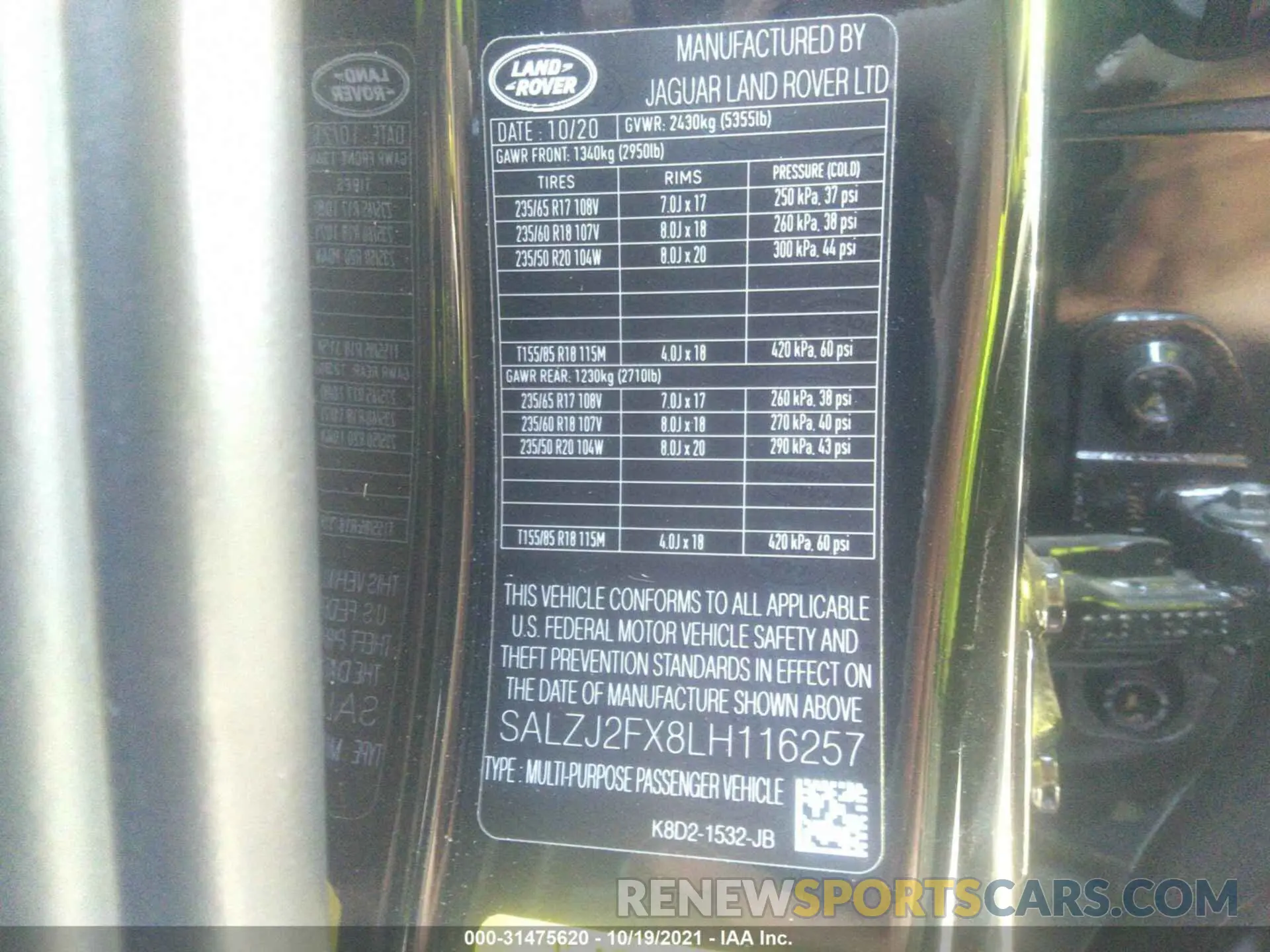 9 fotografías del automóvil dañado SALZJ2FX8LH116257 LAND ROVER RANGE ROVER EVOQUE 2020
