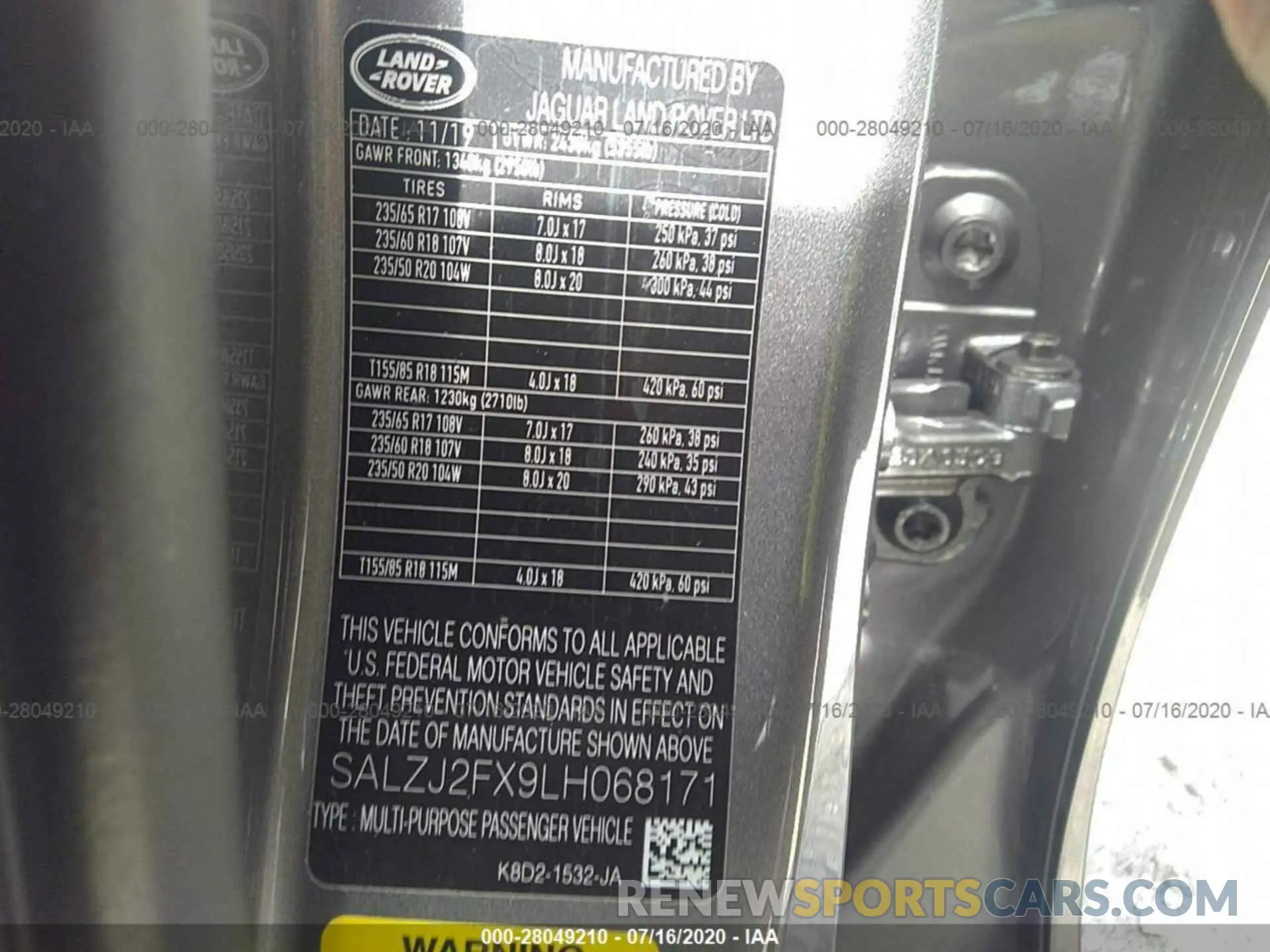 9 fotografías del automóvil dañado SALZJ2FX9LH068171 LAND ROVER RANGE ROVER EVOQUE 2020