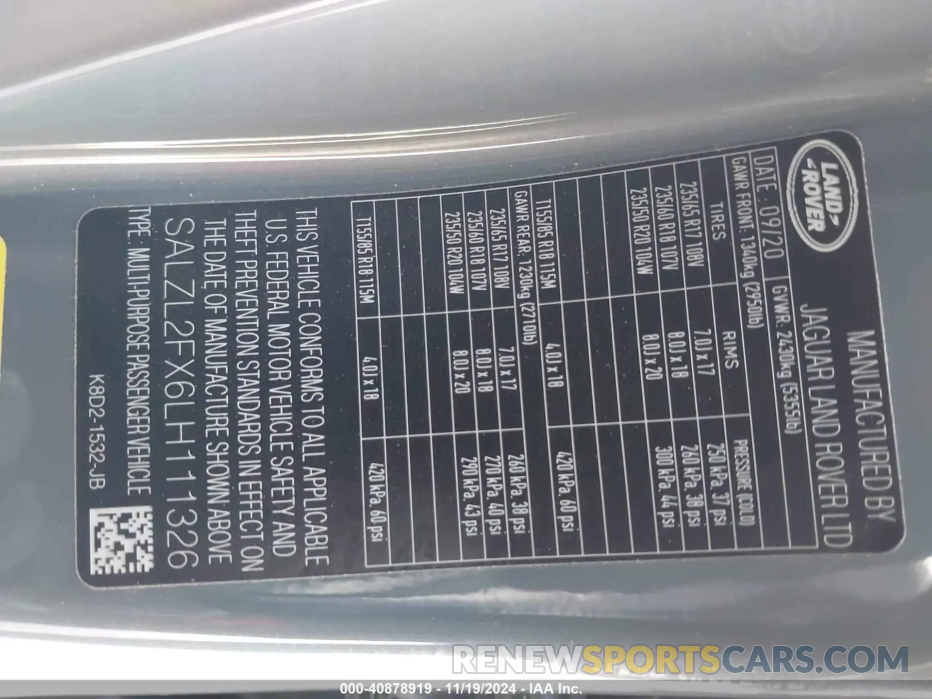 9 fotografías del automóvil dañado SALZL2FX6LH111326 LAND ROVER RANGE ROVER EVOQUE 2020