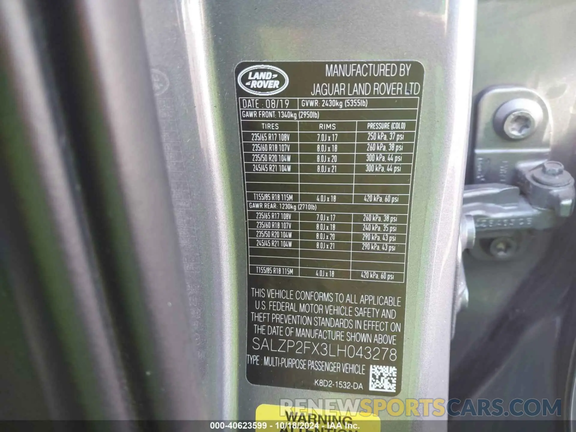 9 fotografías del automóvil dañado SALZP2FX3LH043278 LAND ROVER RANGE ROVER EVOQUE 2020