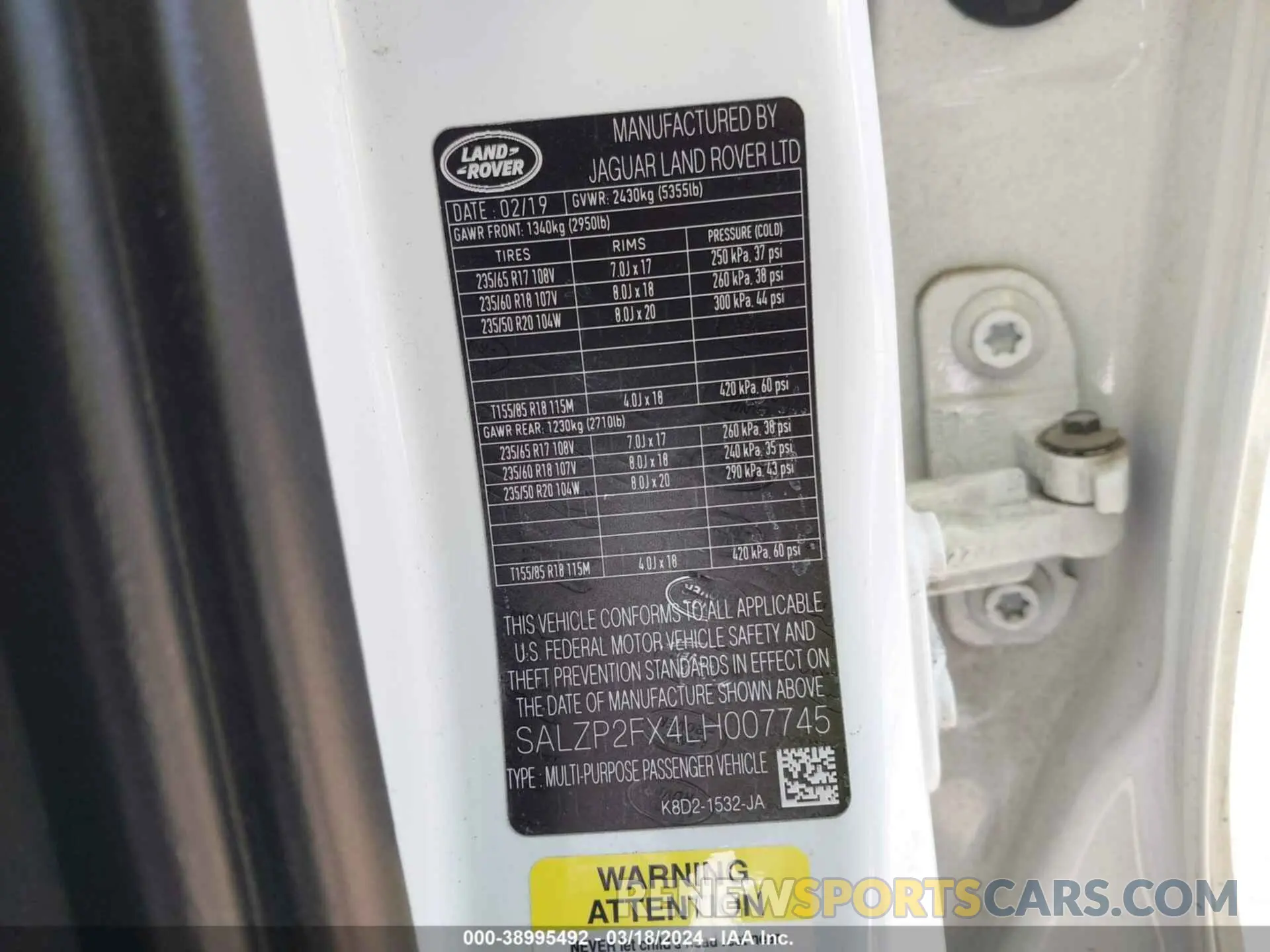 9 fotografías del automóvil dañado SALZP2FX4LH007745 LAND ROVER RANGE ROVER EVOQUE 2020