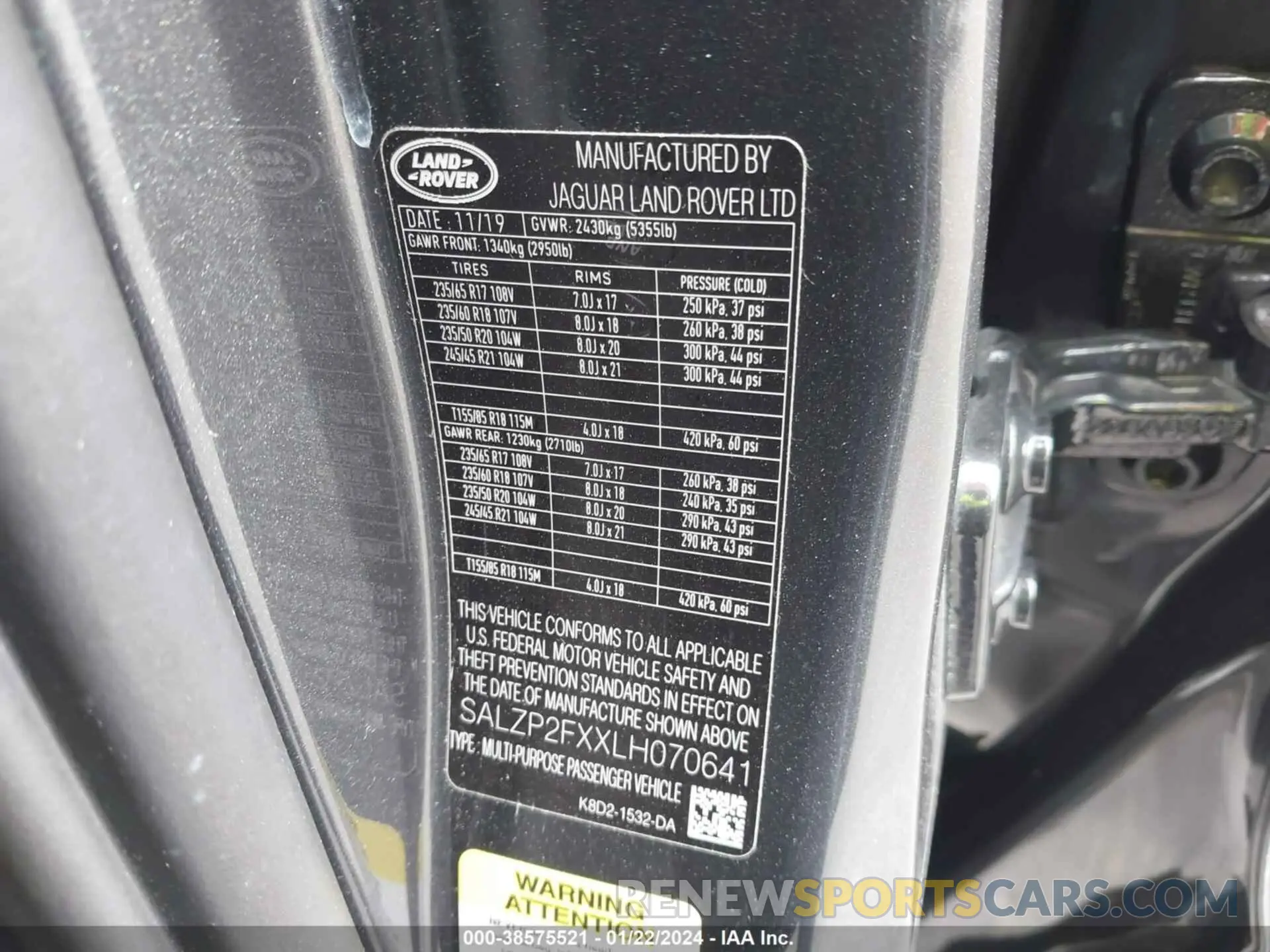 9 fotografías del automóvil dañado SALZP2FXXLH070641 LAND ROVER RANGE ROVER EVOQUE 2020