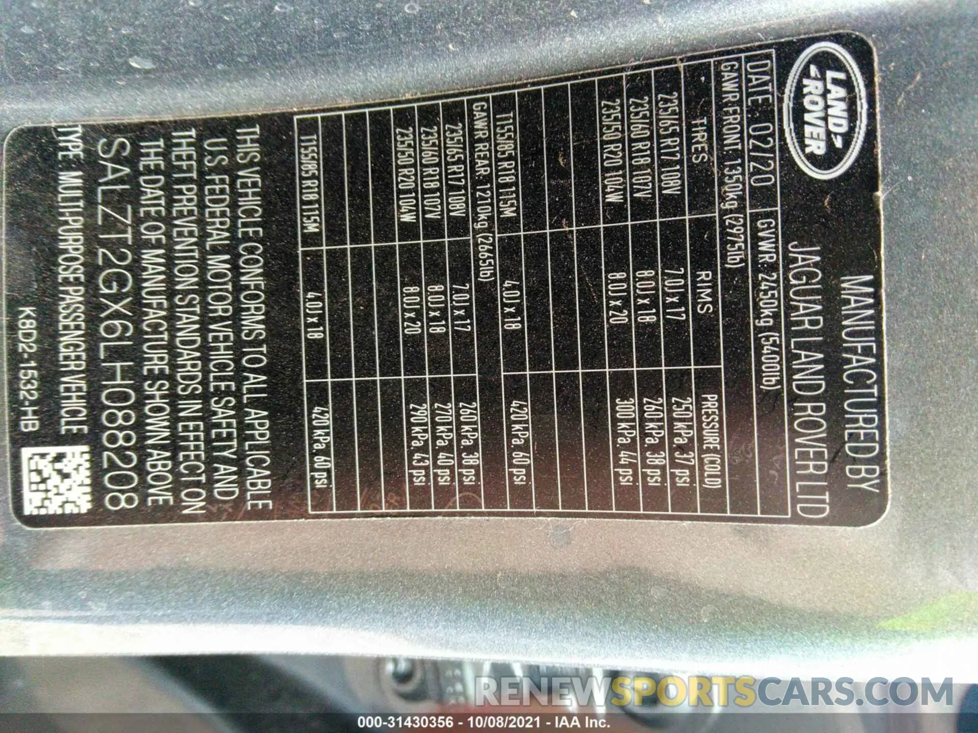 9 fotografías del automóvil dañado SALZT2GX6LH088208 LAND ROVER RANGE ROVER EVOQUE 2020