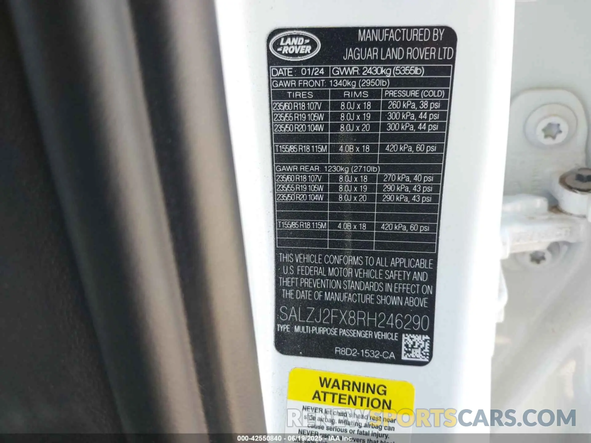 9 fotografías del automóvil dañado SALZJ2FX8RH246290 LAND ROVER RANGE ROVER EVOQUE 2024