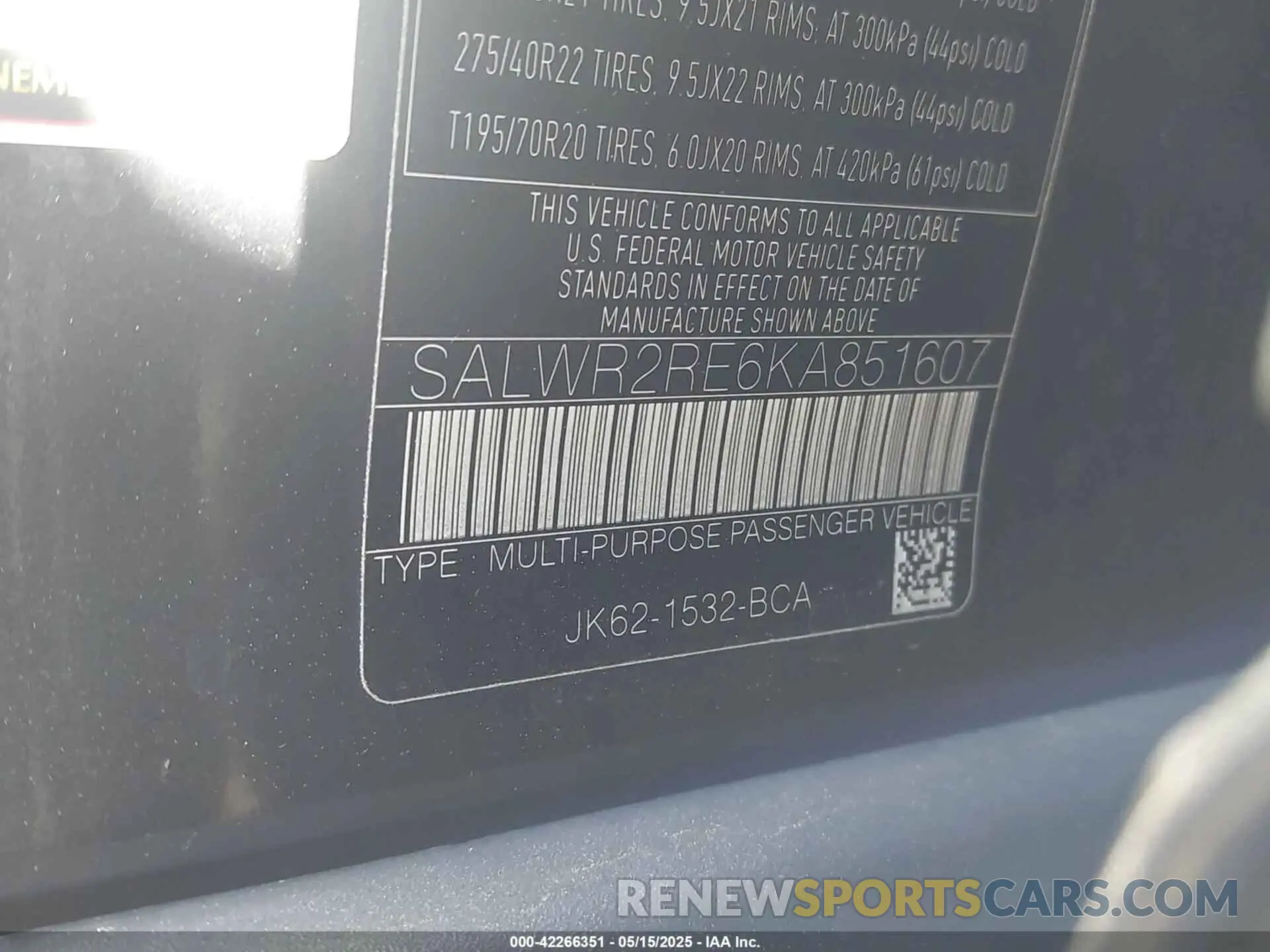 9 fotografías del automóvil dañado SALWR2RE6KA851607 LAND ROVER RANGE ROVER SPORT 2019