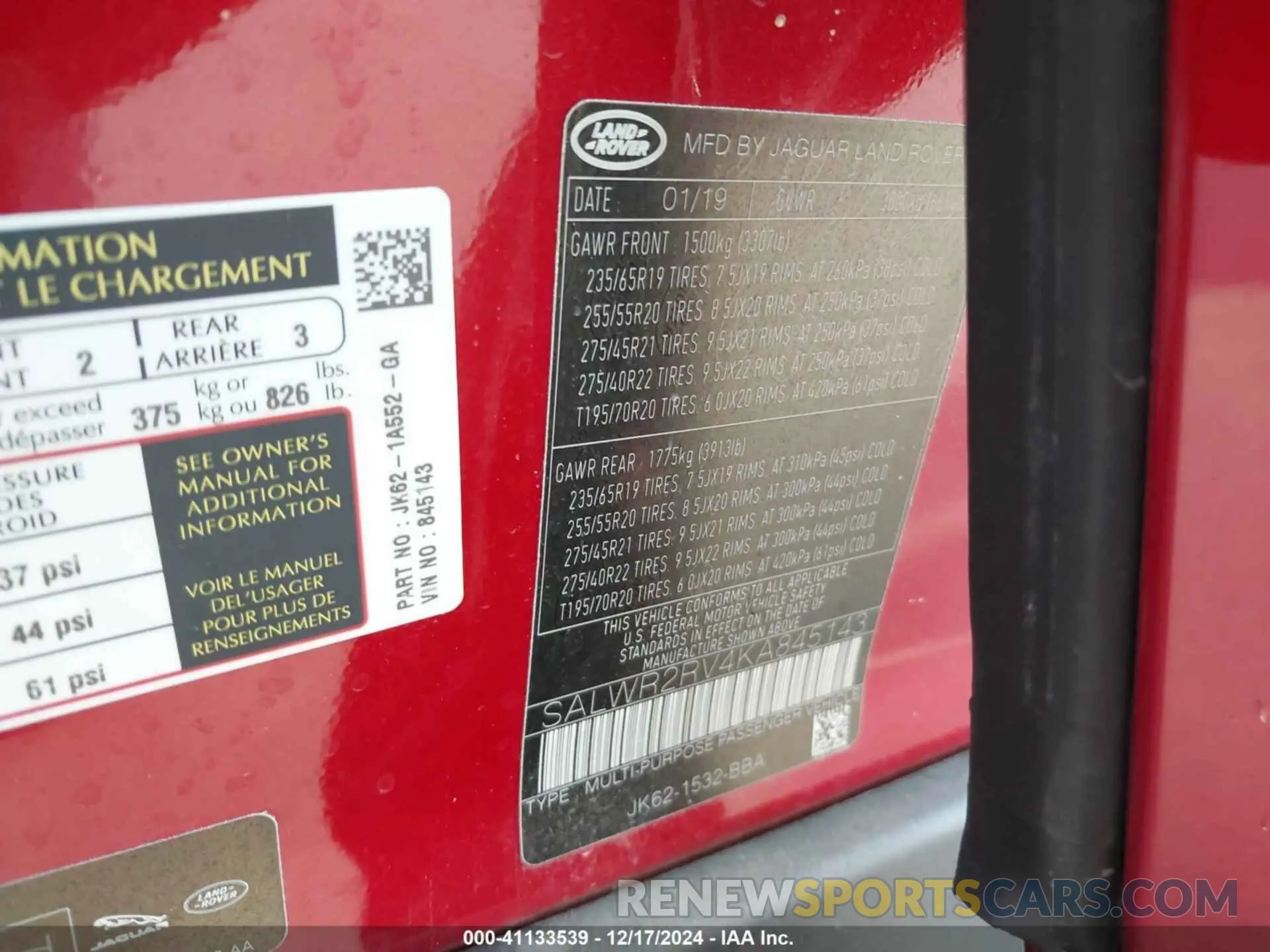 9 fotografías del automóvil dañado SALWR2RV4KA845143 LAND ROVER RANGE ROVER SPORT 2019