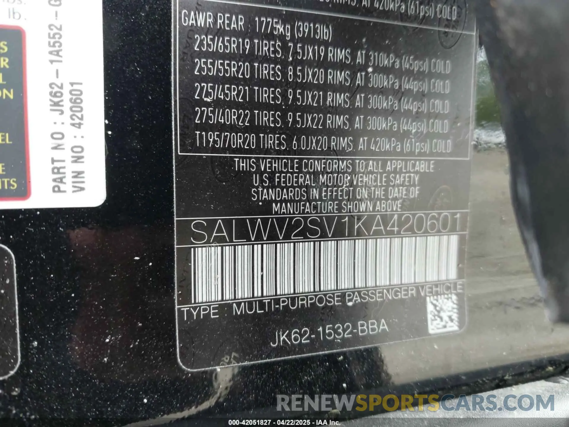 9 fotografías del automóvil dañado SALWV2SV1KA420601 LAND ROVER RANGE ROVER SPORT 2019