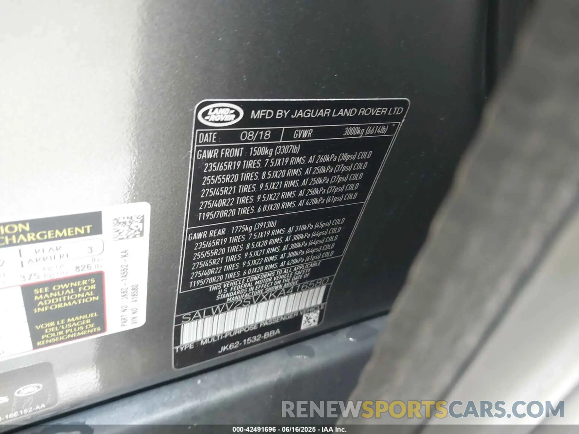 9 fotografías del automóvil dañado SALWV2SVXKA416580 LAND ROVER RANGE ROVER SPORT 2019
