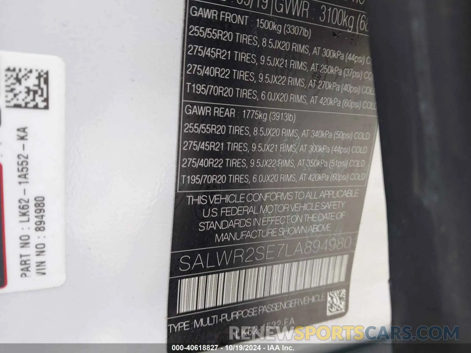 9 fotografías del automóvil dañado SALWR2SE7LA894980 LAND ROVER RANGE ROVER SPORT 2020