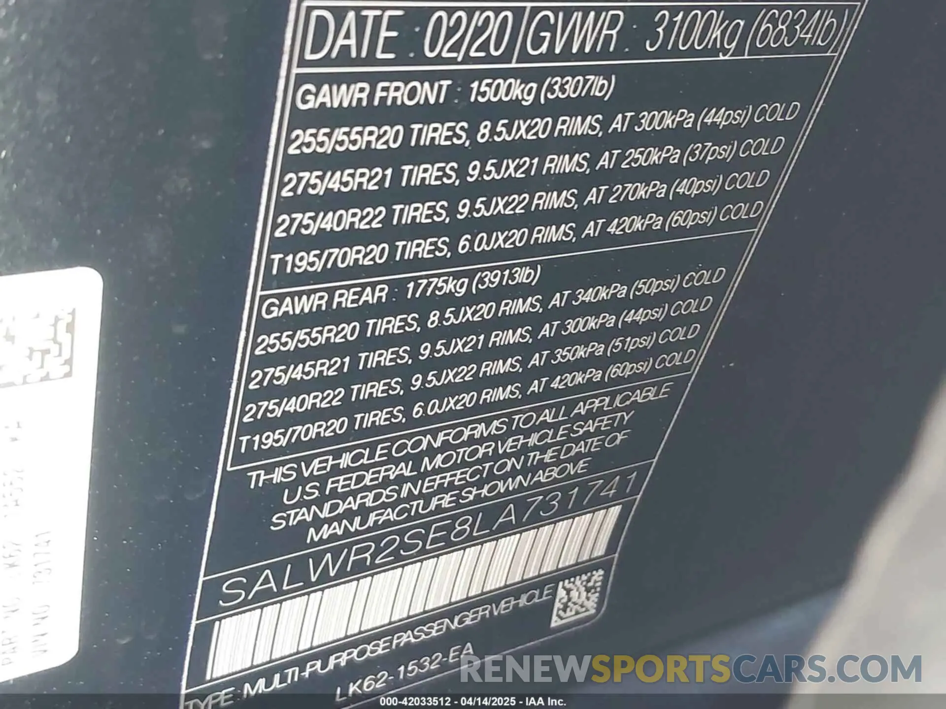 9 fotografías del automóvil dañado SALWR2SE8LA731741 LAND ROVER RANGE ROVER SPORT 2020