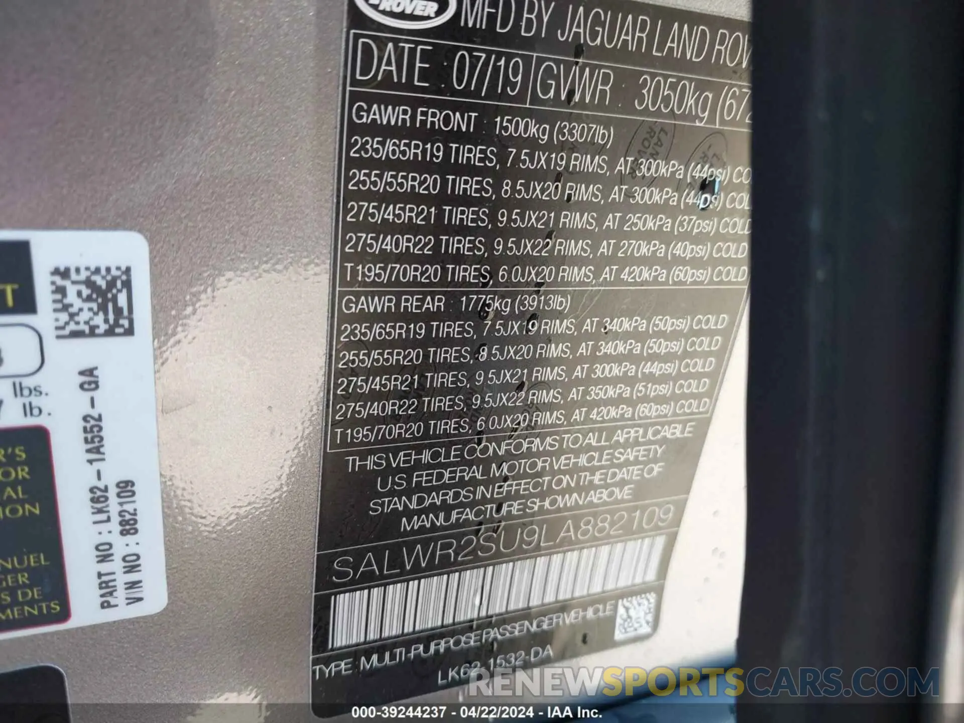 9 fotografías del automóvil dañado SALWR2SU9LA882109 LAND ROVER RANGE ROVER SPORT 2020