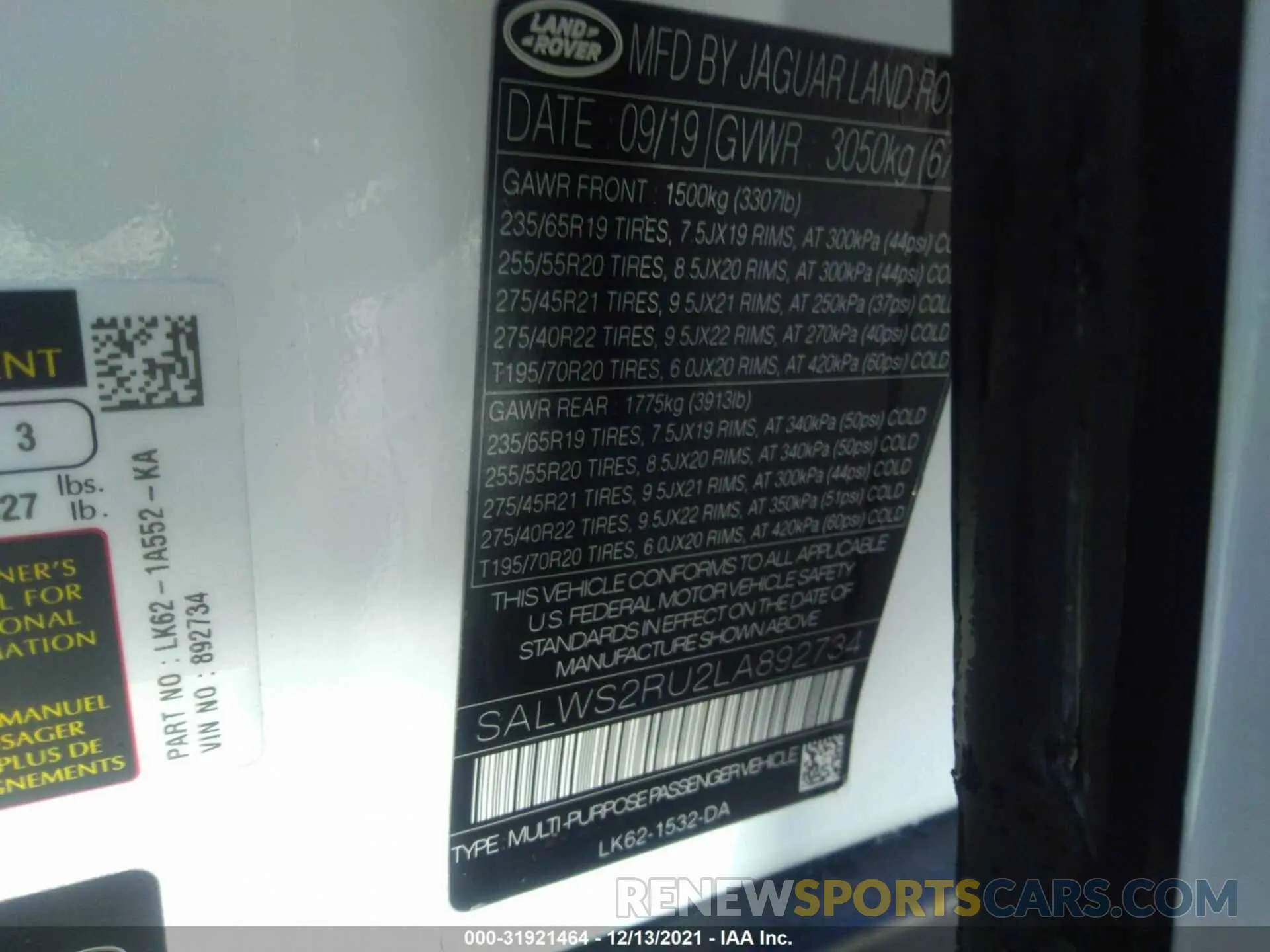 9 fotografías del automóvil dañado SALWS2RU2LA892734 LAND ROVER RANGE ROVER SPORT 2020